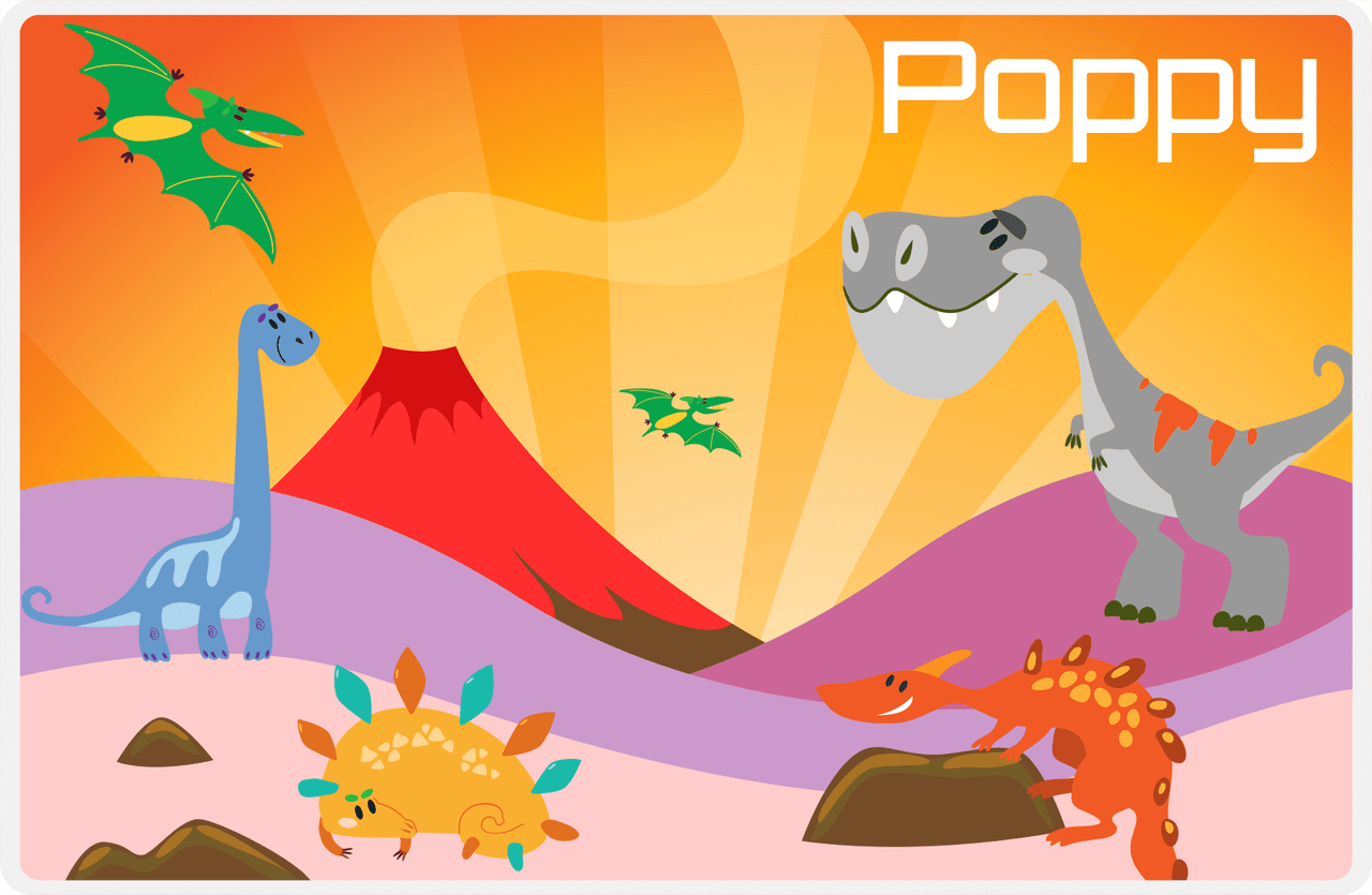 Personalized Dinosaur Placemat - Dinosaur IX - Pink Grass with Volcano -  View