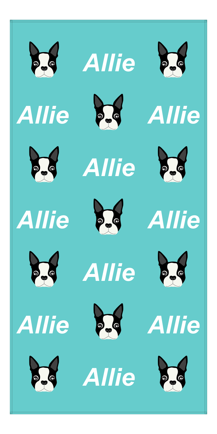 Personalized Dog Beach Towel - Teal Background - Boston Terrier - Vertical - Front View