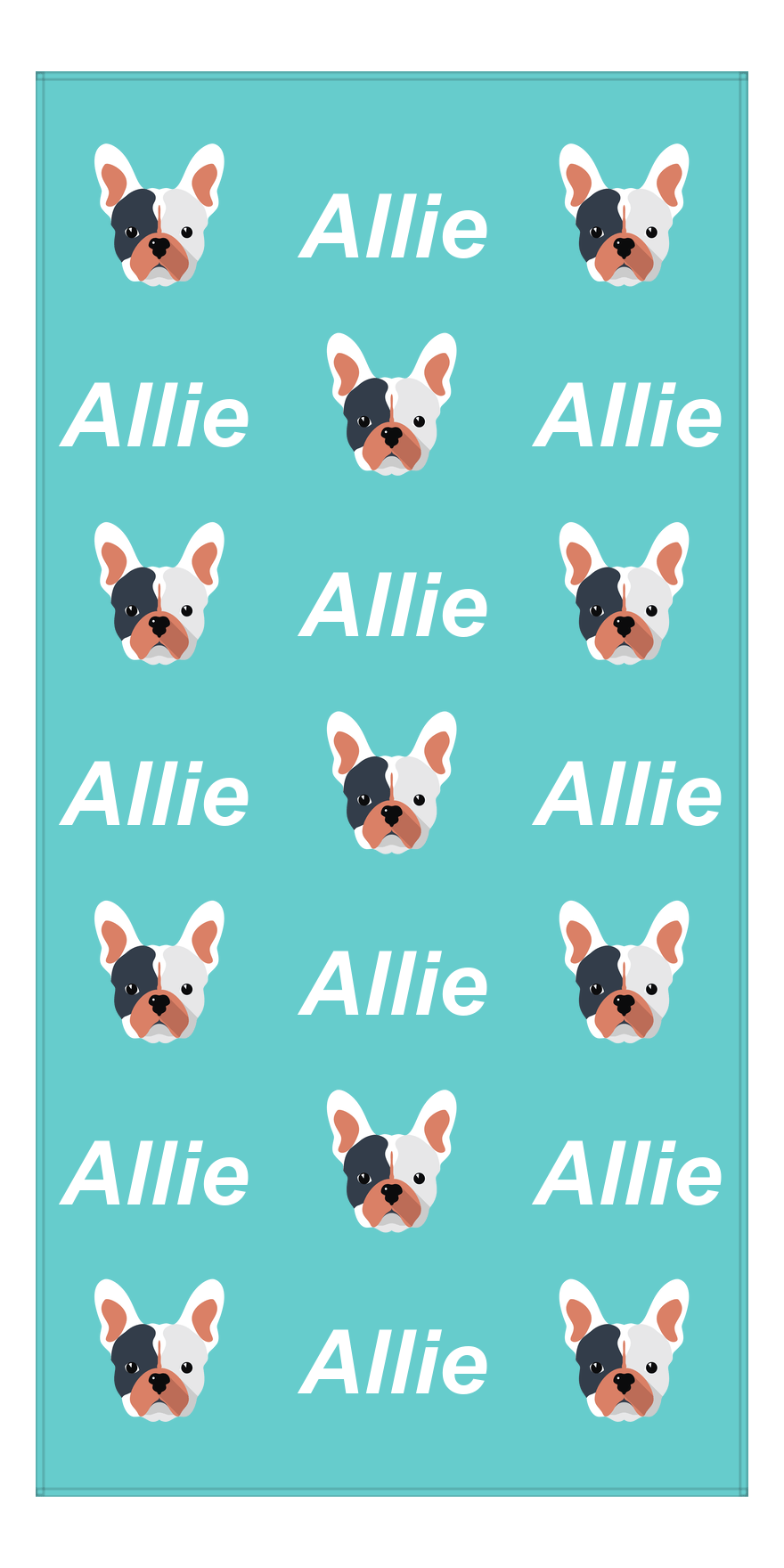 Personalized Dog Beach Towel - Teal Background - French Bulldog - Vertical - Front View