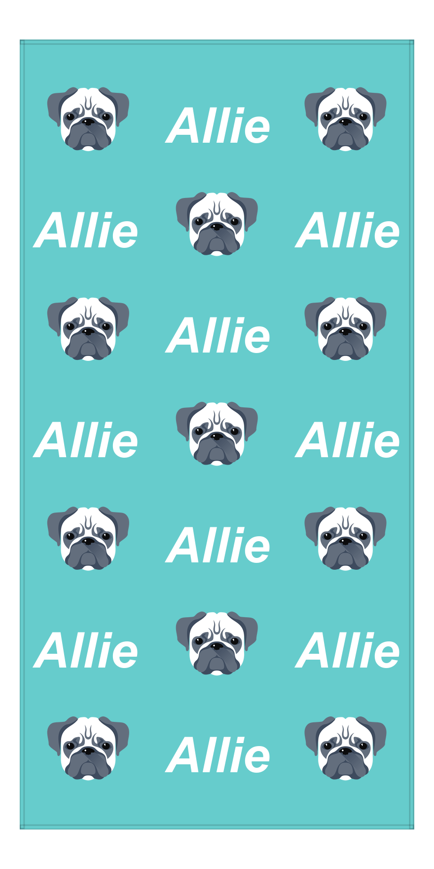 Personalized Dog Beach Towel - Teal Background - Pug - Vertical - Front View