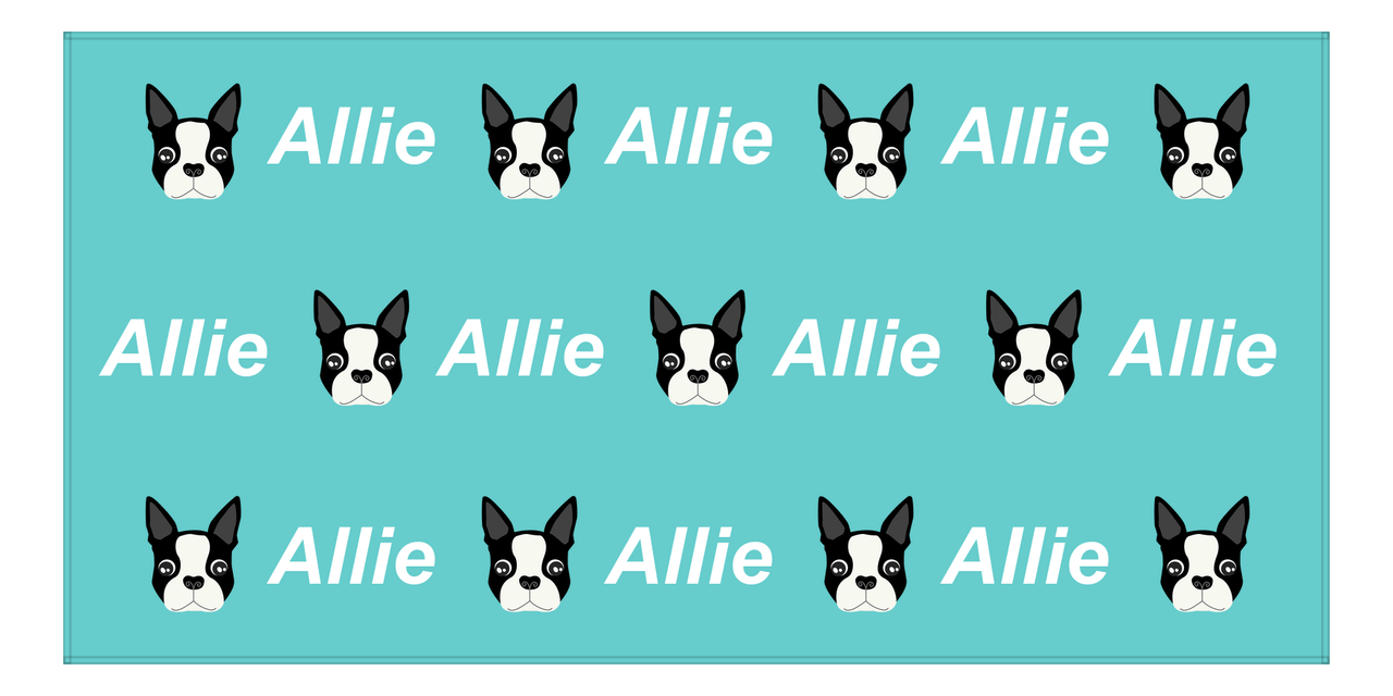 Personalized Dog Beach Towel - Teal Background - Boston Terrier - Horizontal - Front View