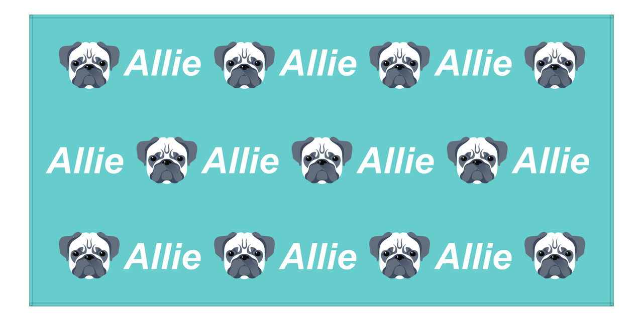 Personalized Dog Beach Towel - Teal Background - Pug - Horizontal - Front View