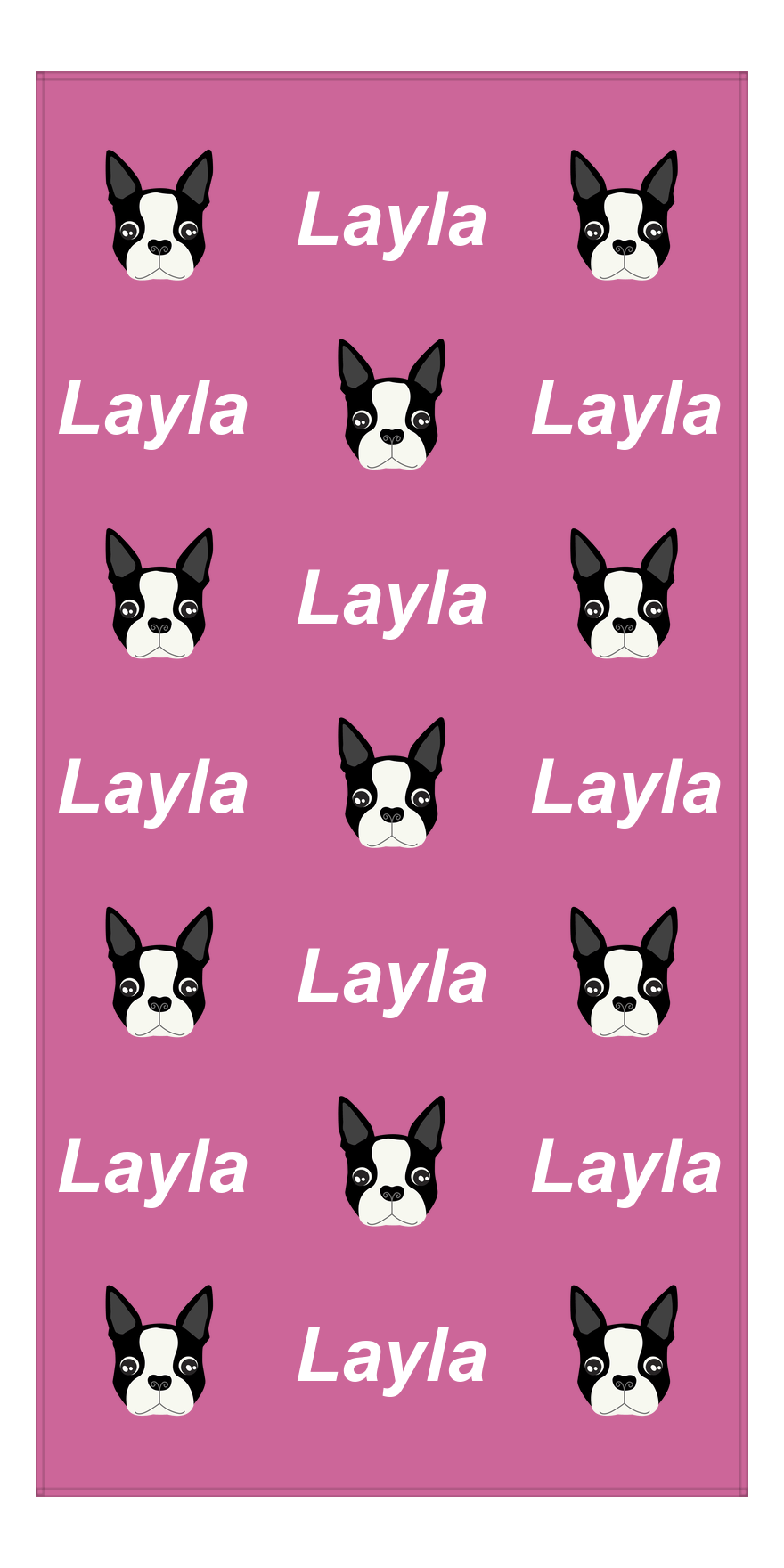Personalized Dog Beach Towel - Pink Background - Boston Terrier - Vertical - Front View