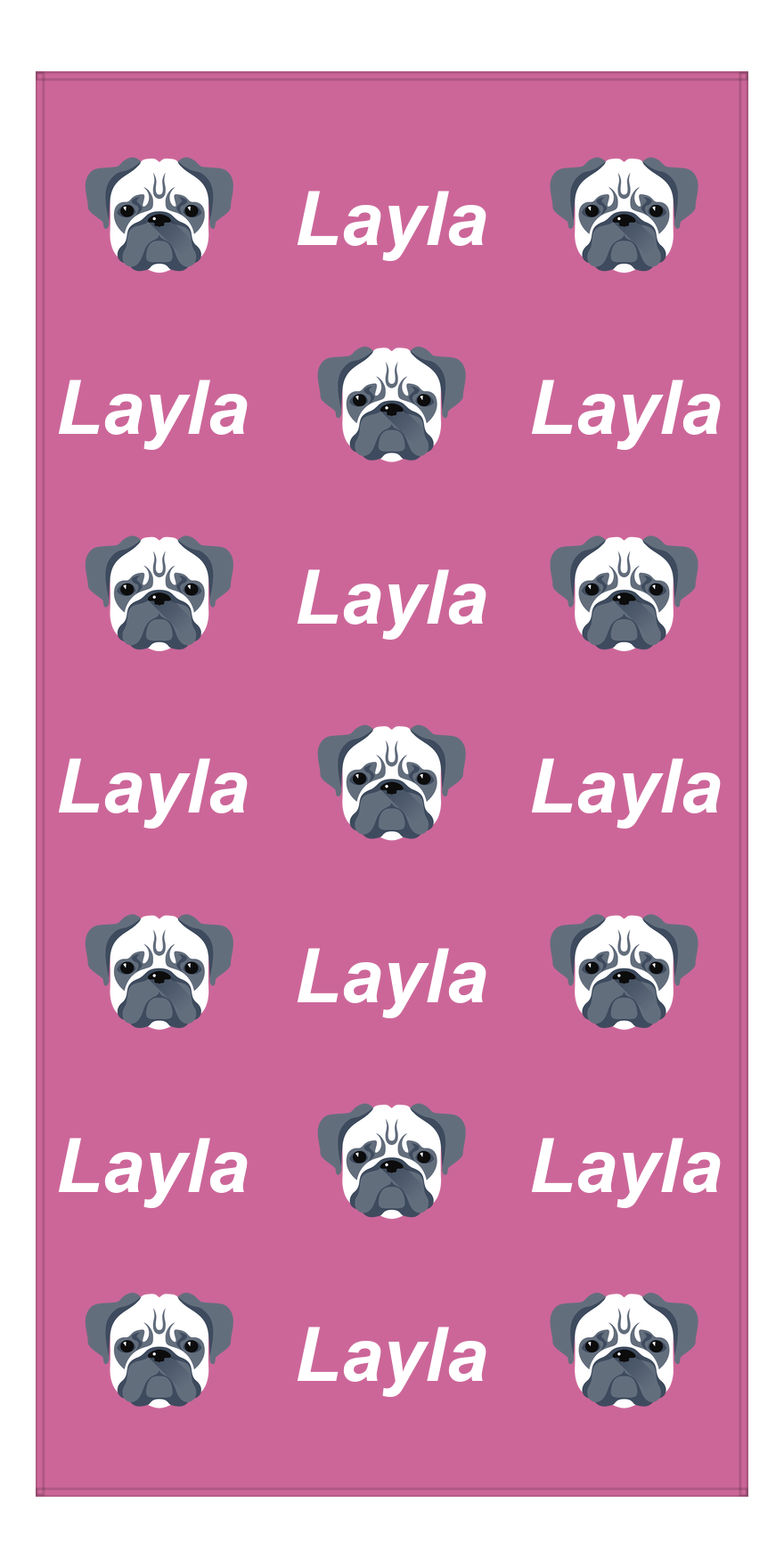 Personalized Dog Beach Towel - Pink Background - Pug - Vertical - Front View