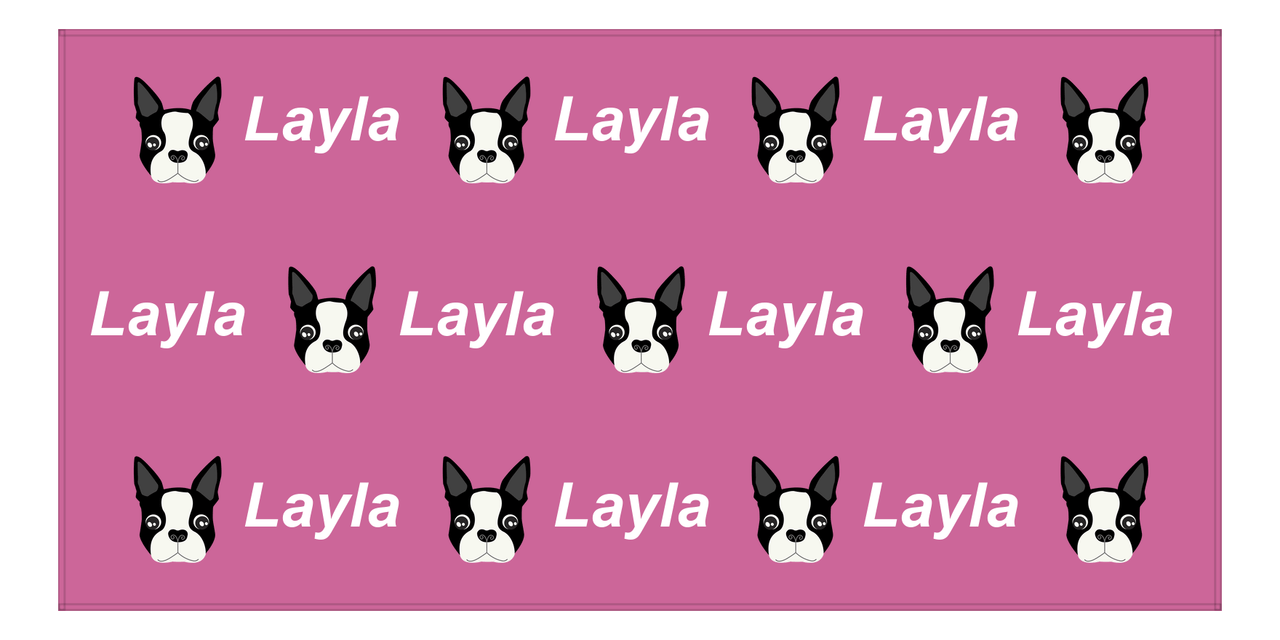 Personalized Dog Beach Towel - Pink Background - Boston Terrier - Horizontal - Front View