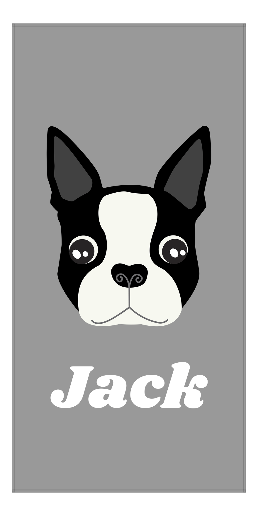 Personalized Dog Beach Towel II - Grey Background - Boston Terrier - Vertical - Front View
