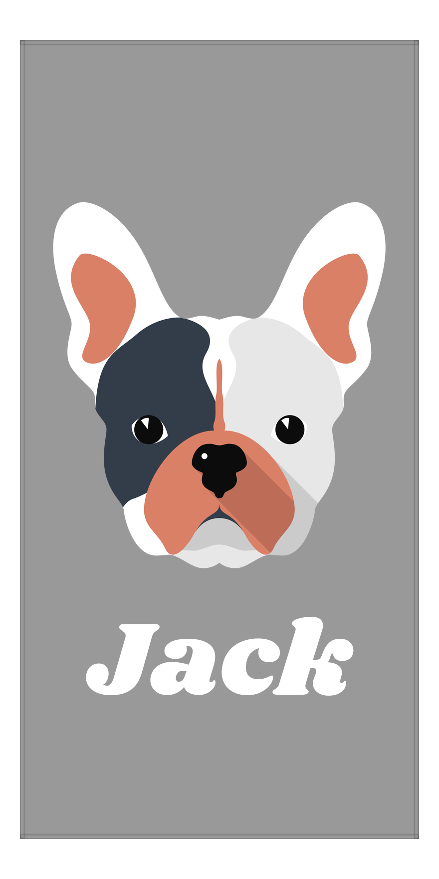 Personalized Dog Beach Towel II - Grey Background - French Bulldog - Vertical - Front View