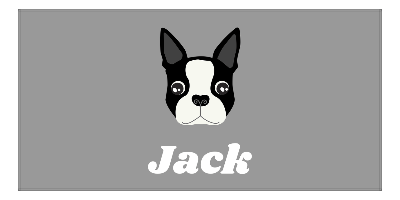 Personalized Dog Beach Towel II - Grey Background - Boston Terrier - Horizontal - Front View