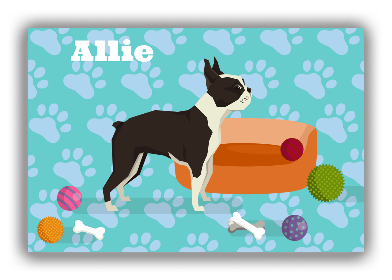 Personalized Dogs Canvas Wrap & Photo Print I - Teal Background - Boston Terrier - Front View