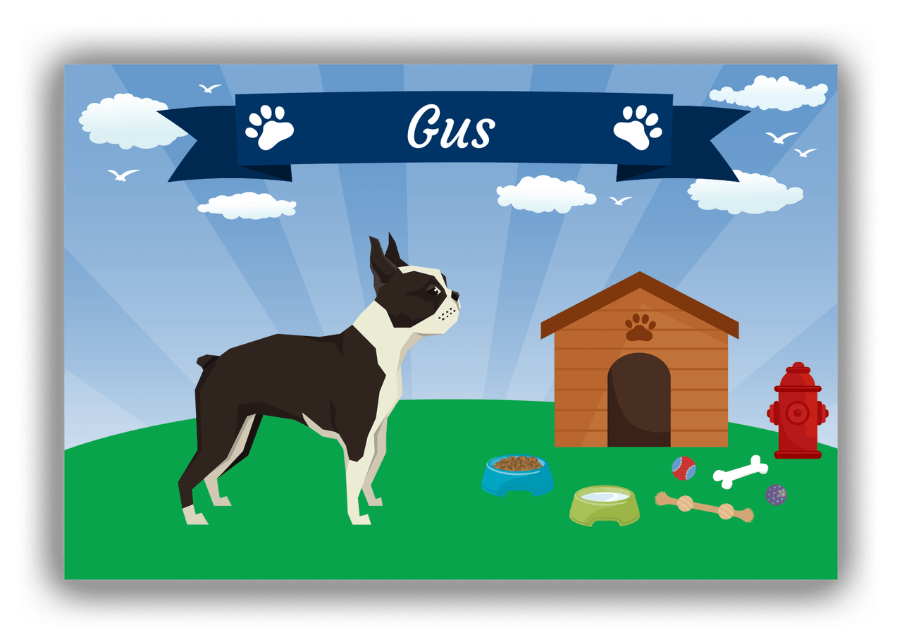 Personalized Dogs Canvas Wrap & Photo Print XXII - Blue Background - Boston Terrier - Front View