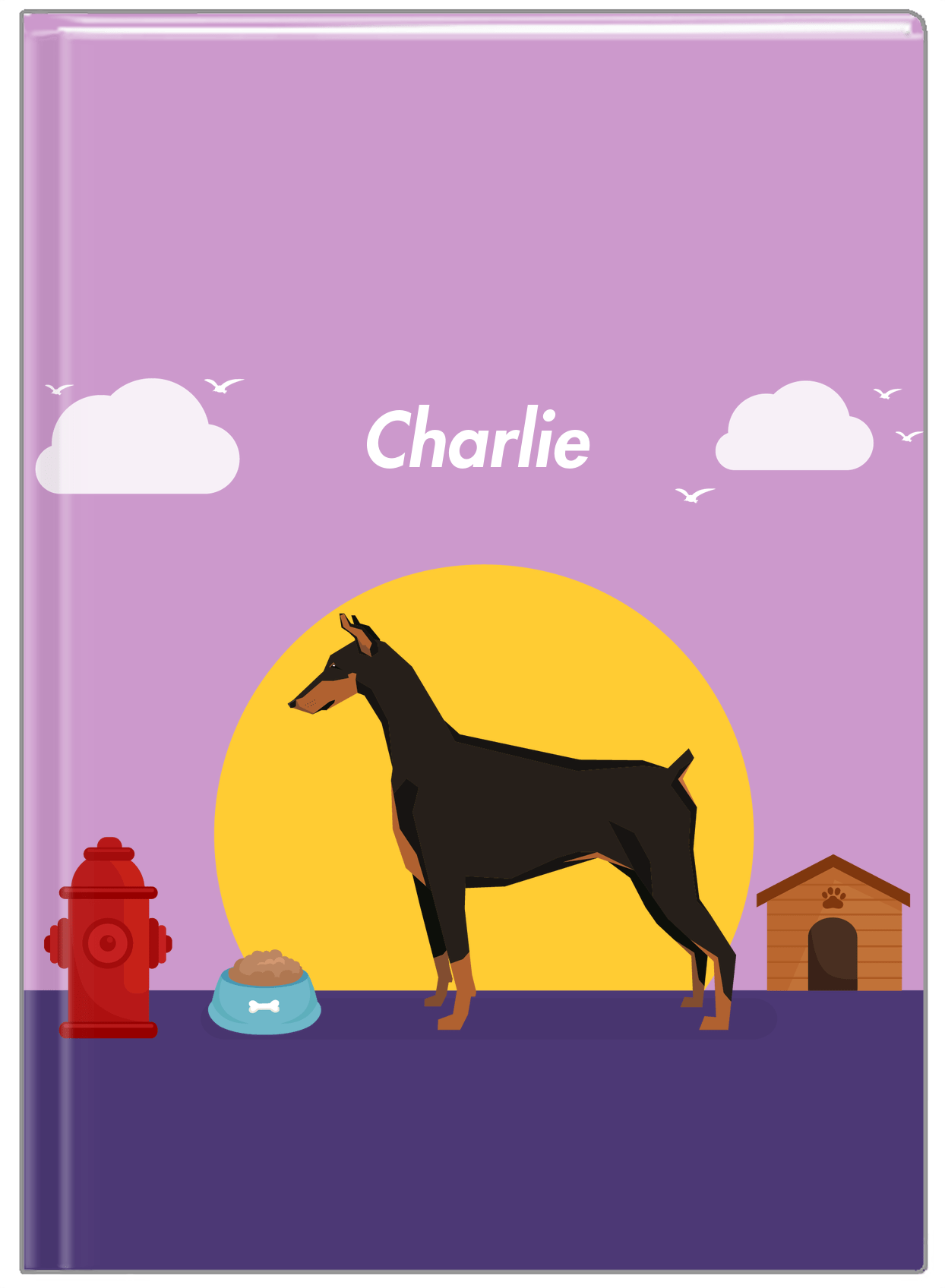 Personalized Dogs Journal II - Purple Background - Doberman - Front View