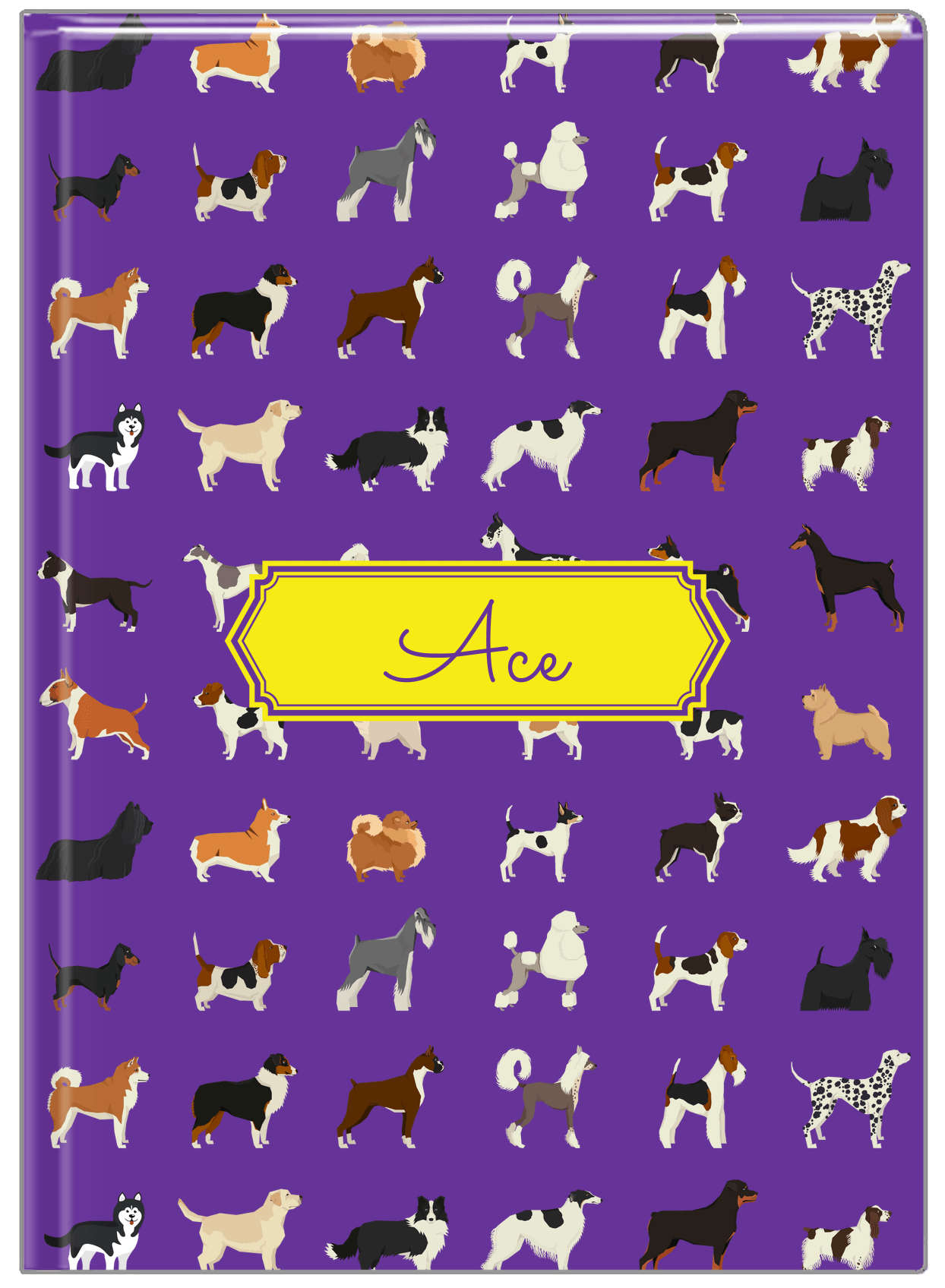 Personalized Dogs Journal XVII - Purple Background - Decorative Rectangle Nameplate - Front View