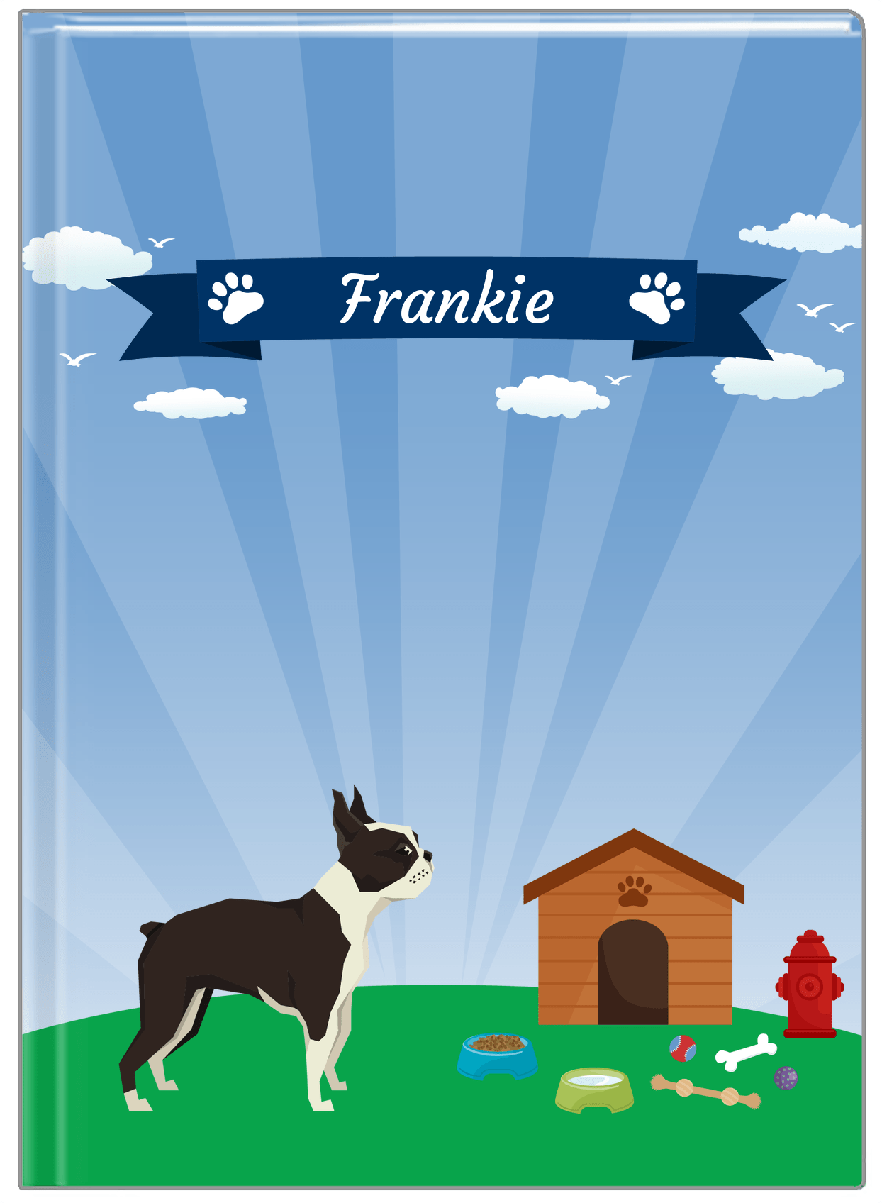 Personalized Dogs Journal XXII - Blue Background - Boston Terrier - Front View