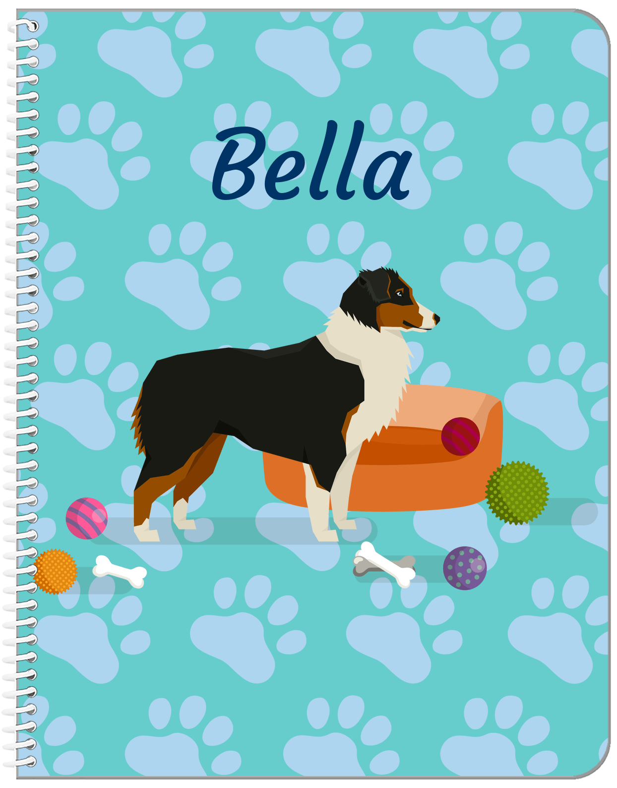Personalized Dogs Notebook I - Teal Background - Australian Shepherd - Front View