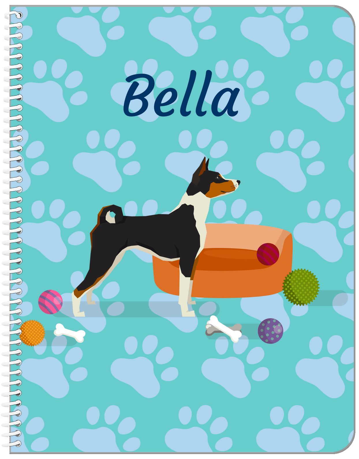 Personalized Dogs Notebook I - Teal Background - Basenji - Front View