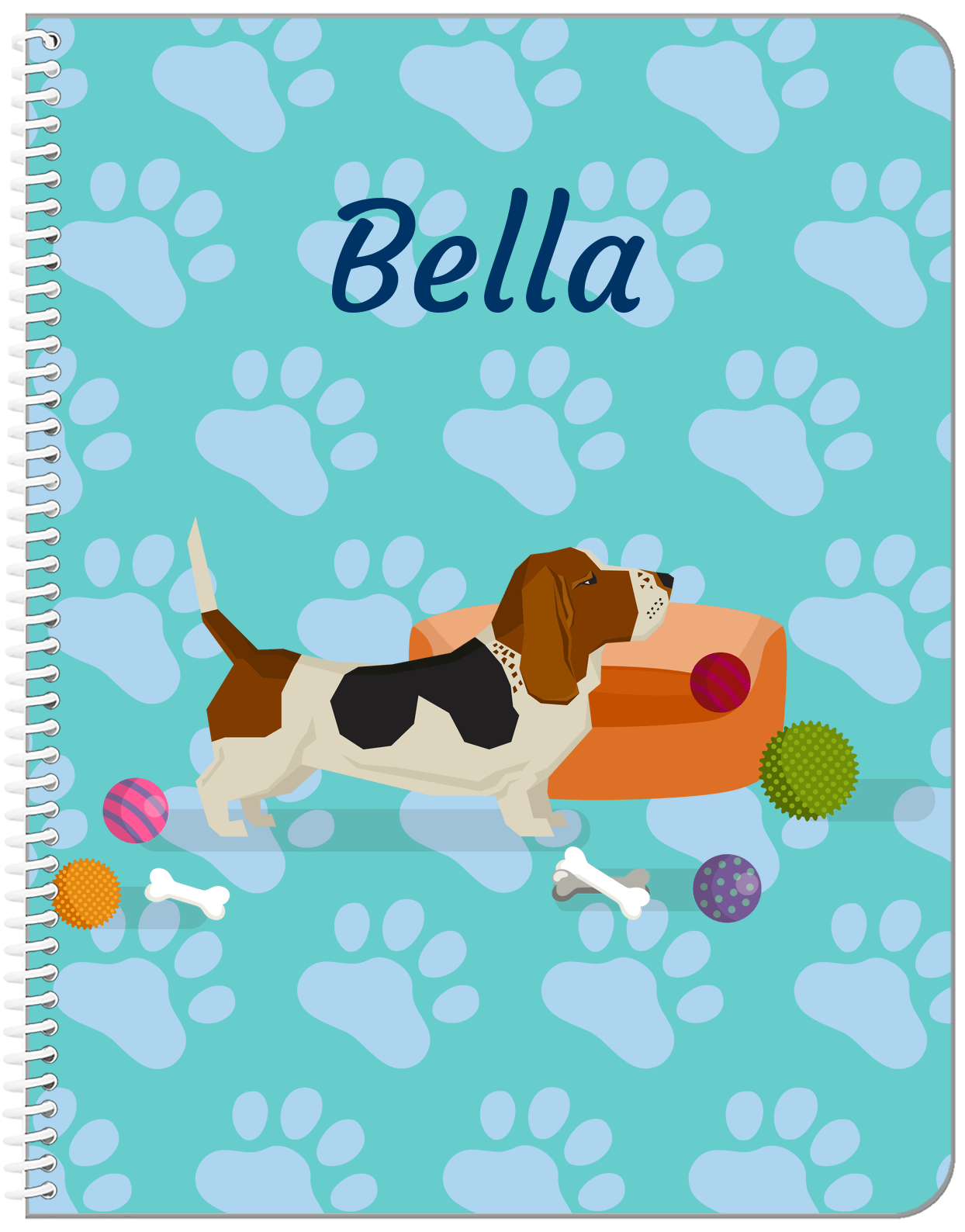 Personalized Dogs Notebook I - Teal Background - Basset Hound - Front View