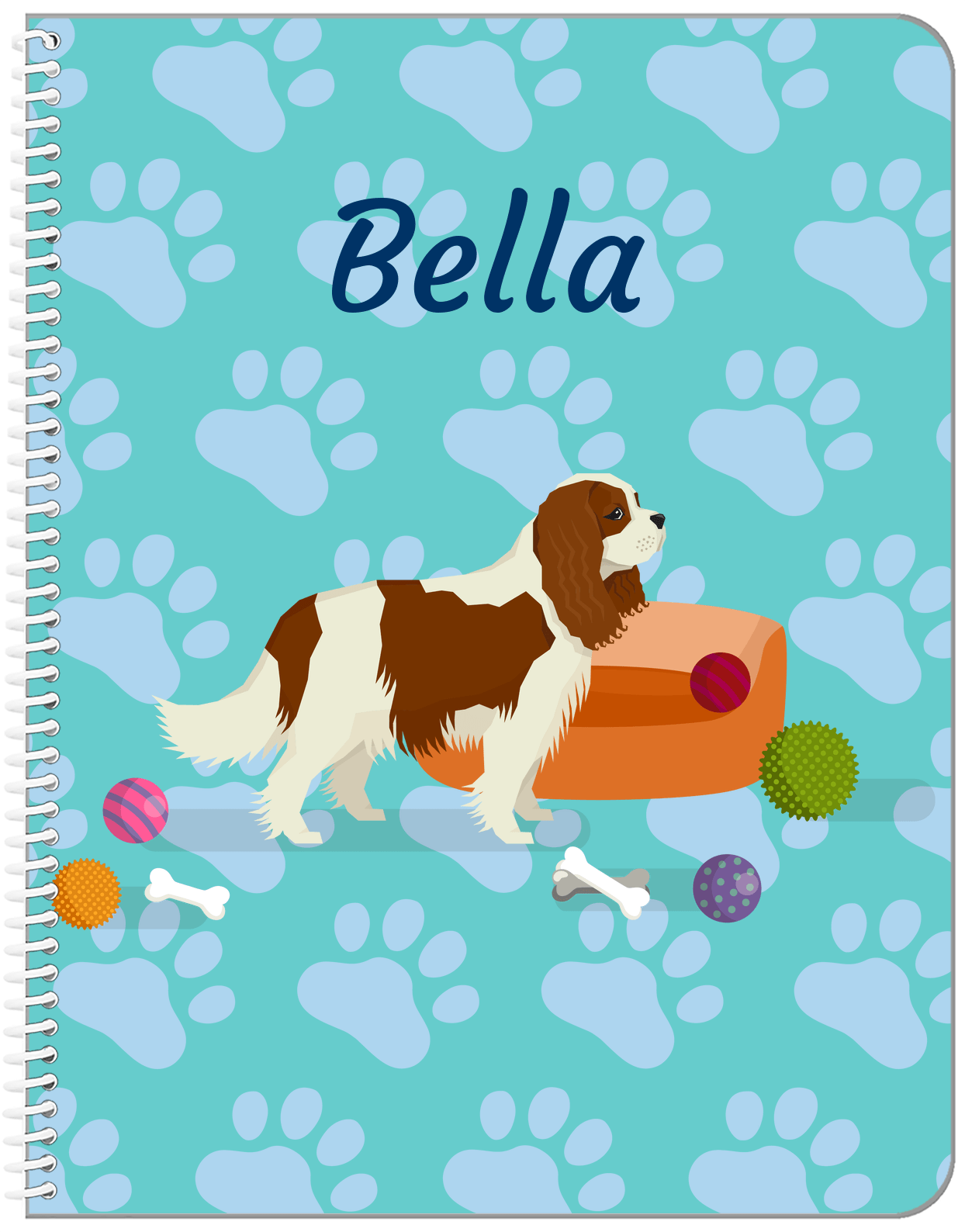 Personalized Dogs Notebook I - Teal Background - Cavalier King Charles Spaniel - Front View