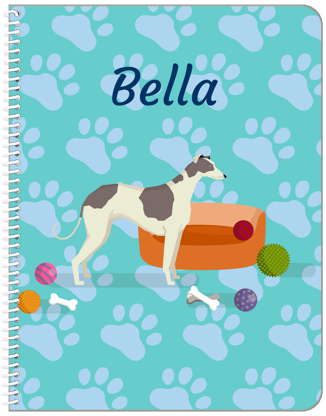 Personalized Dogs Notebook I - Teal Background - Greyhound - Front View