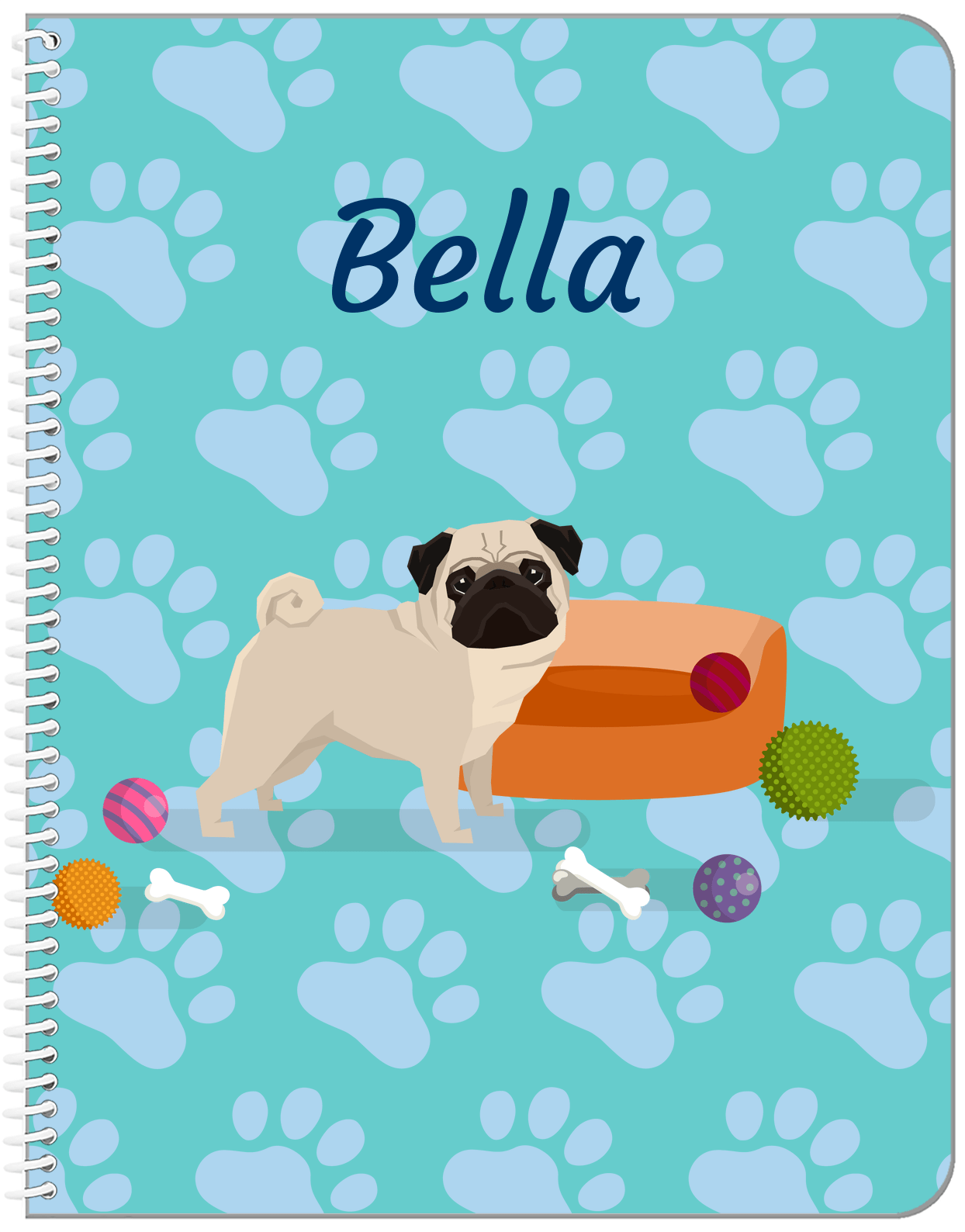 Personalized Dogs Notebook I - Teal Background - Pug - Front View
