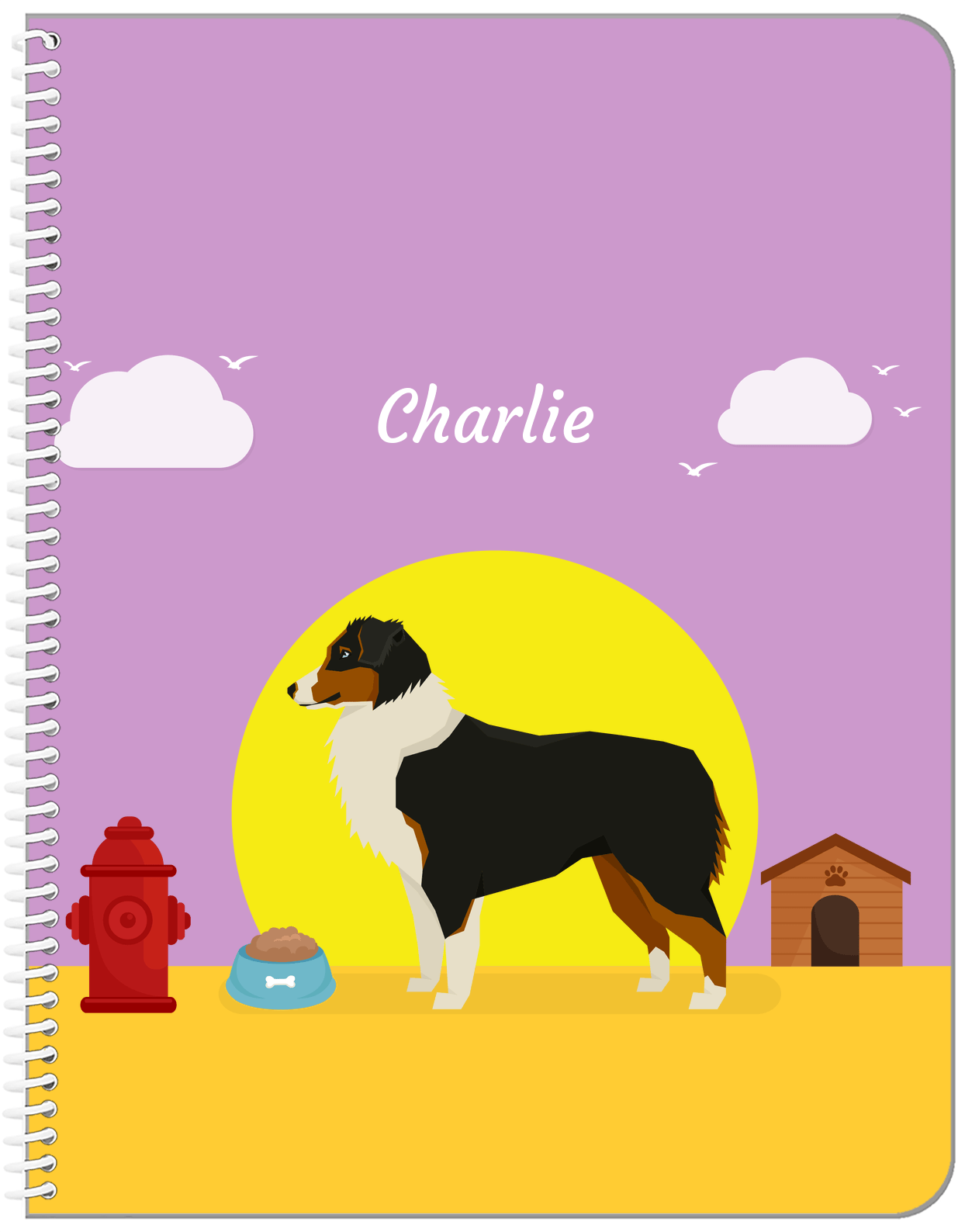 Personalized Dogs Notebook II - Purple Background - Australian Shepherd - Front View