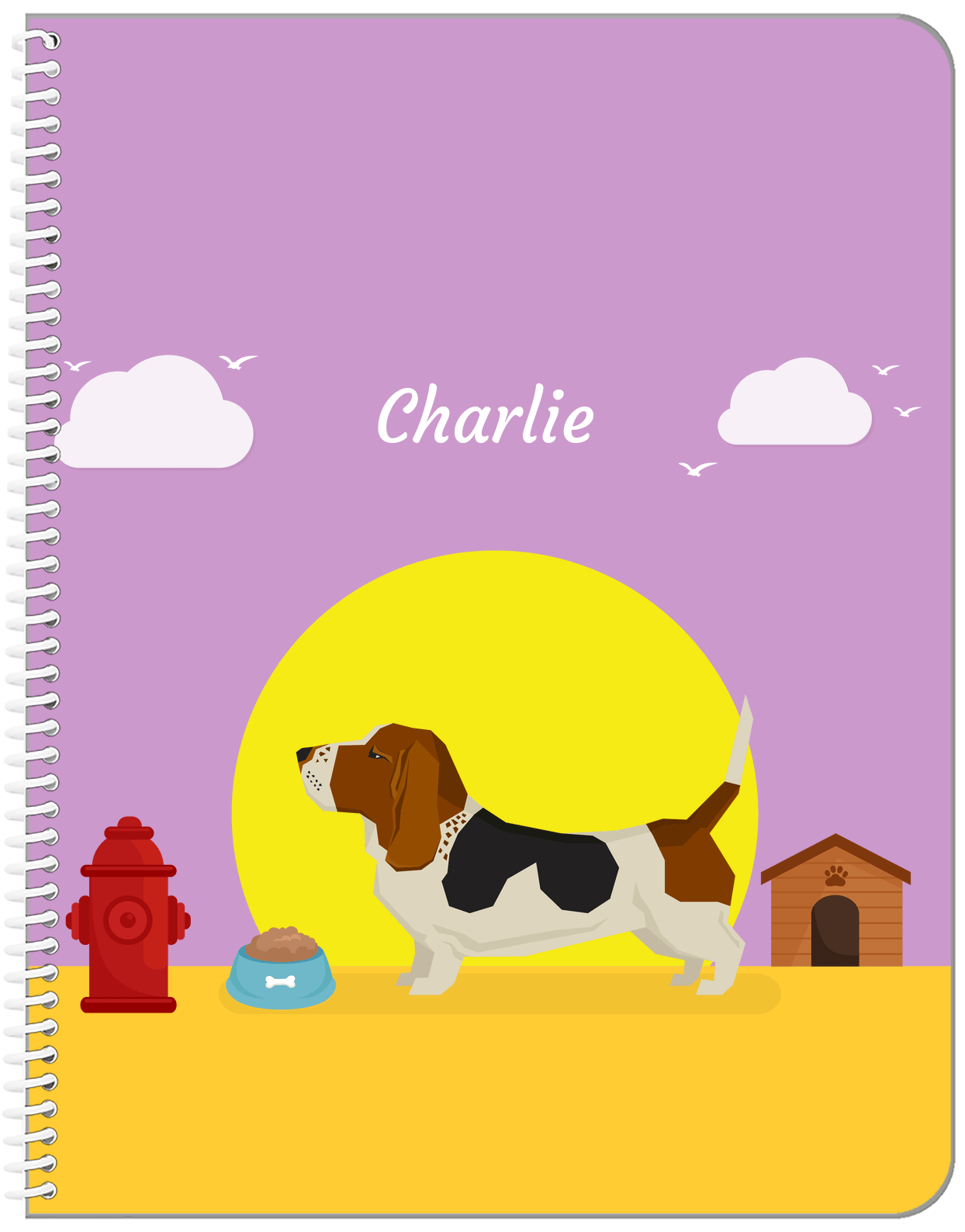 Personalized Dogs Notebook II - Purple Background - Basset Hound - Front View