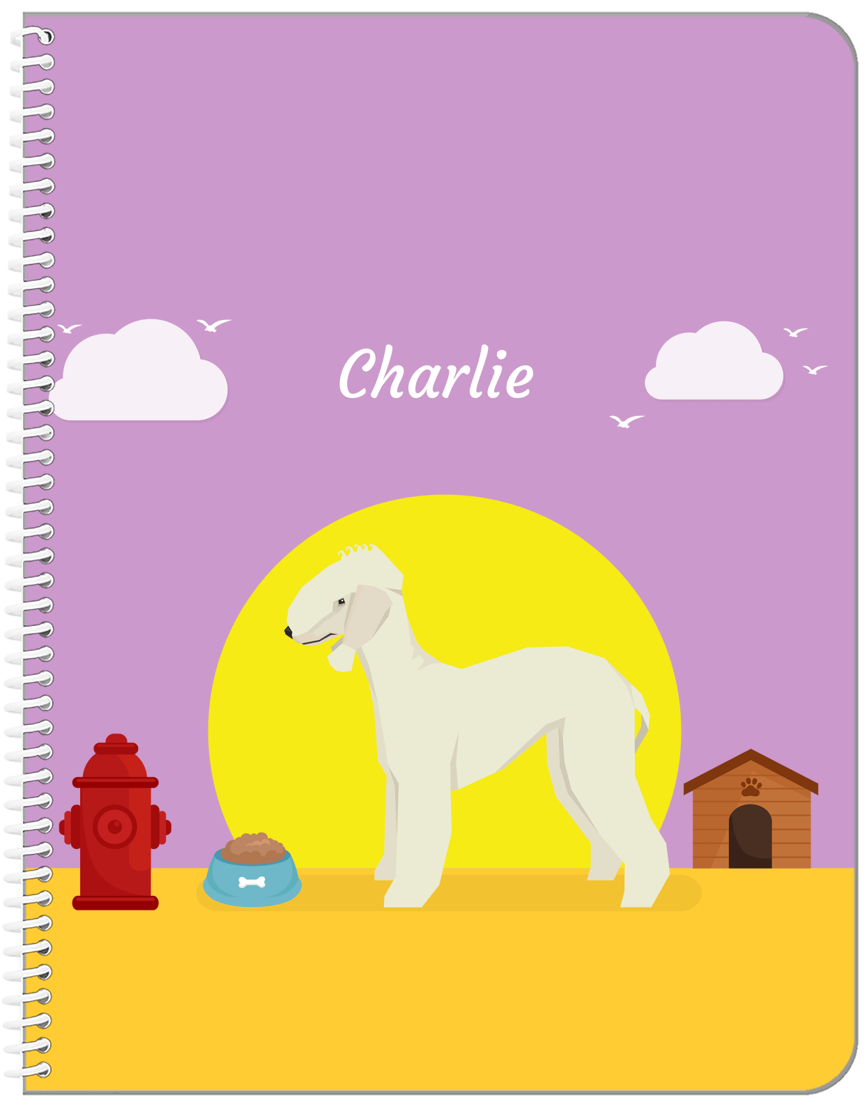 Personalized Dogs Notebook II - Purple Background - Bedlington Terrier - Front View