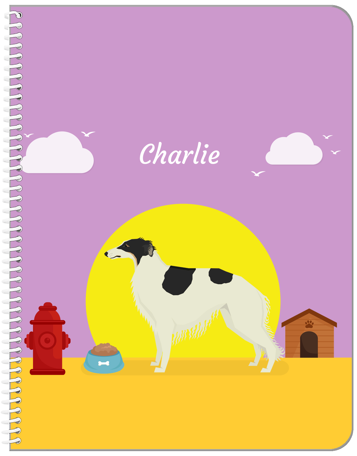 Personalized Dogs Notebook II - Purple Background - Borzoi - Front View