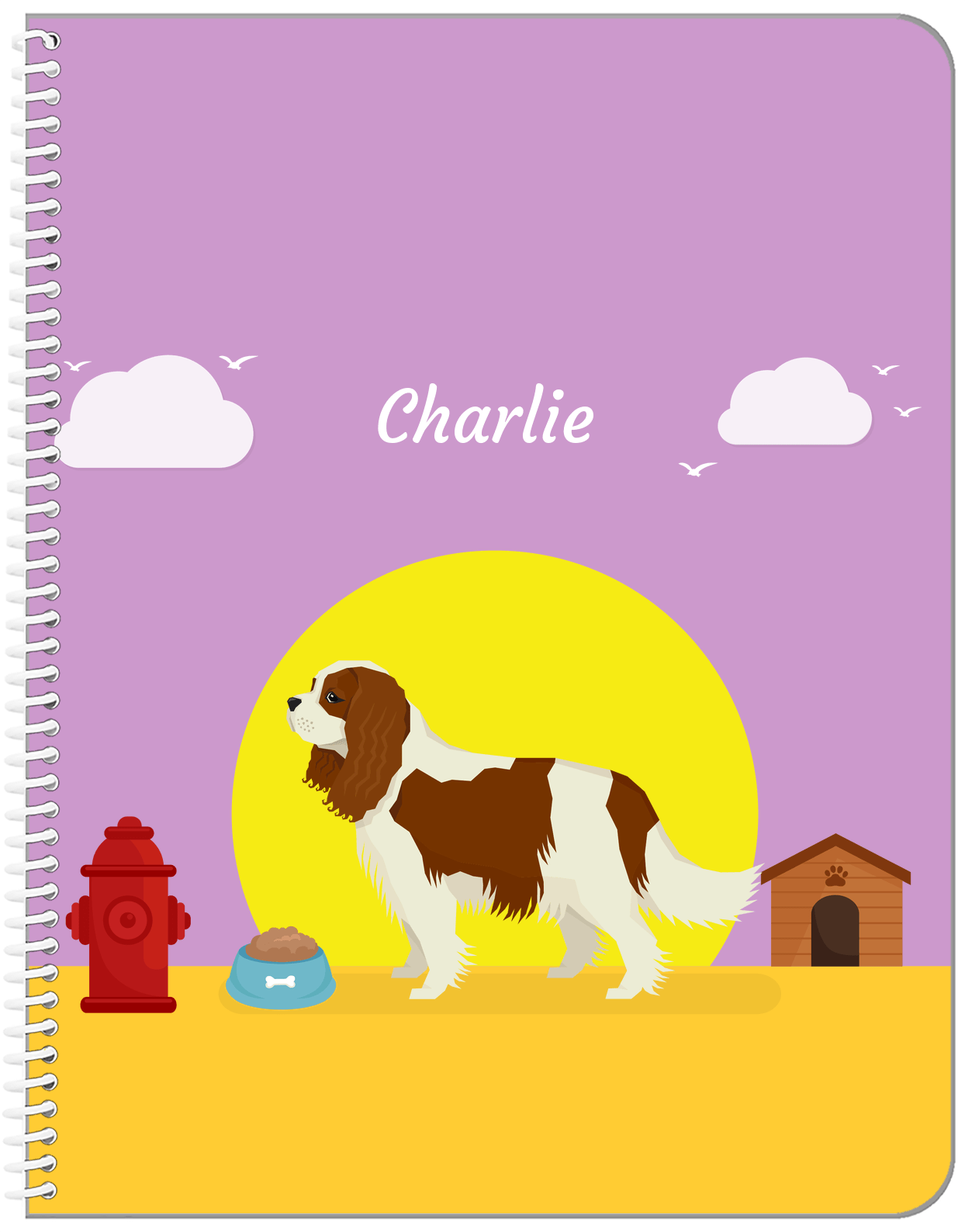 Personalized Dogs Notebook II - Purple Background - Cavalier King Charles Spaniel - Front View
