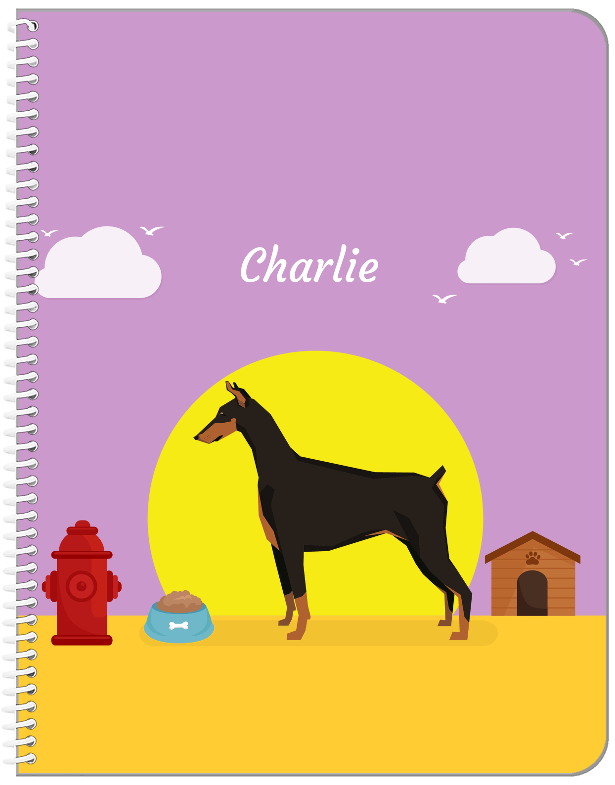 Personalized Dogs Notebook II - Purple Background - Doberman - Front View