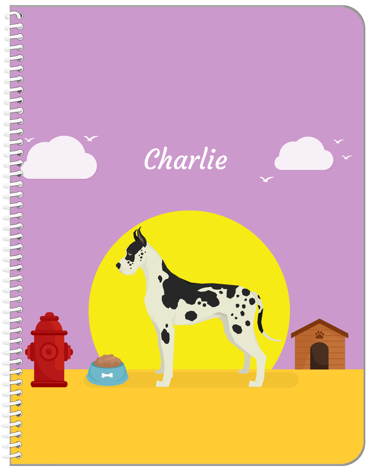 Personalized Dogs Notebook II - Purple Background - Great Dane - Front View