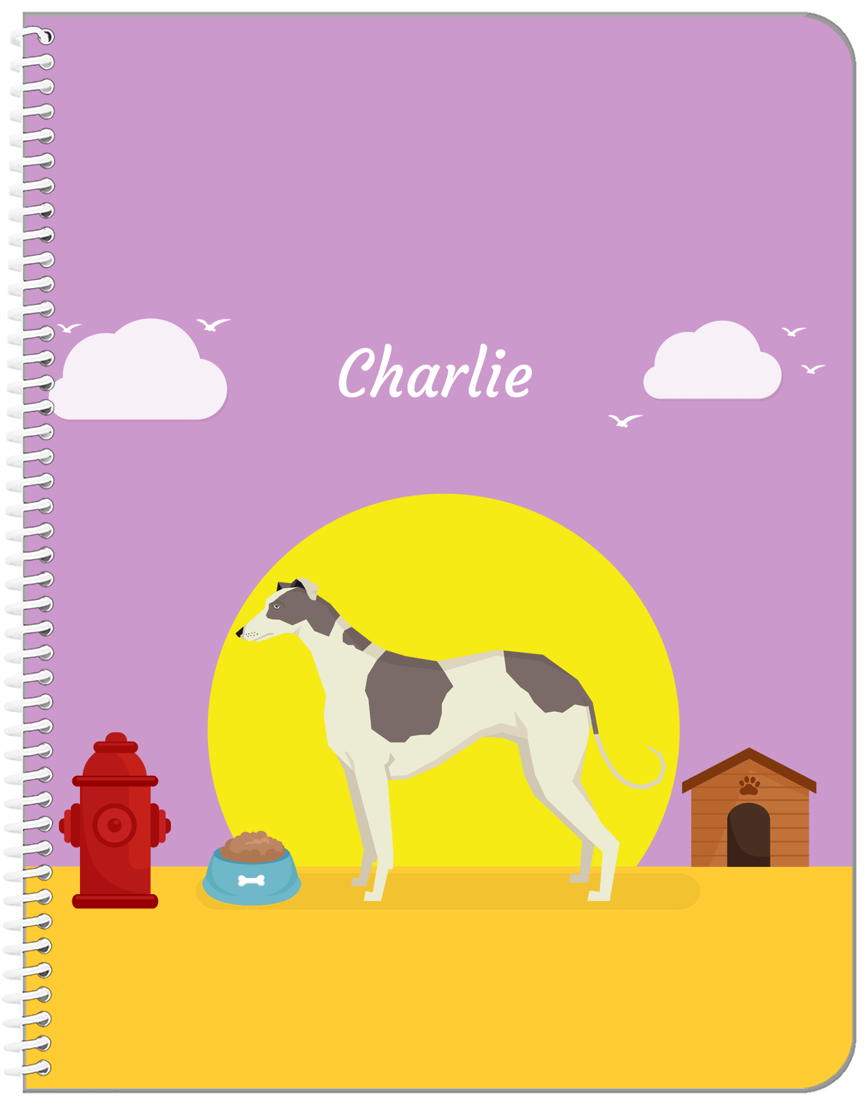 Personalized Dogs Notebook II - Purple Background - Greyhound - Front View
