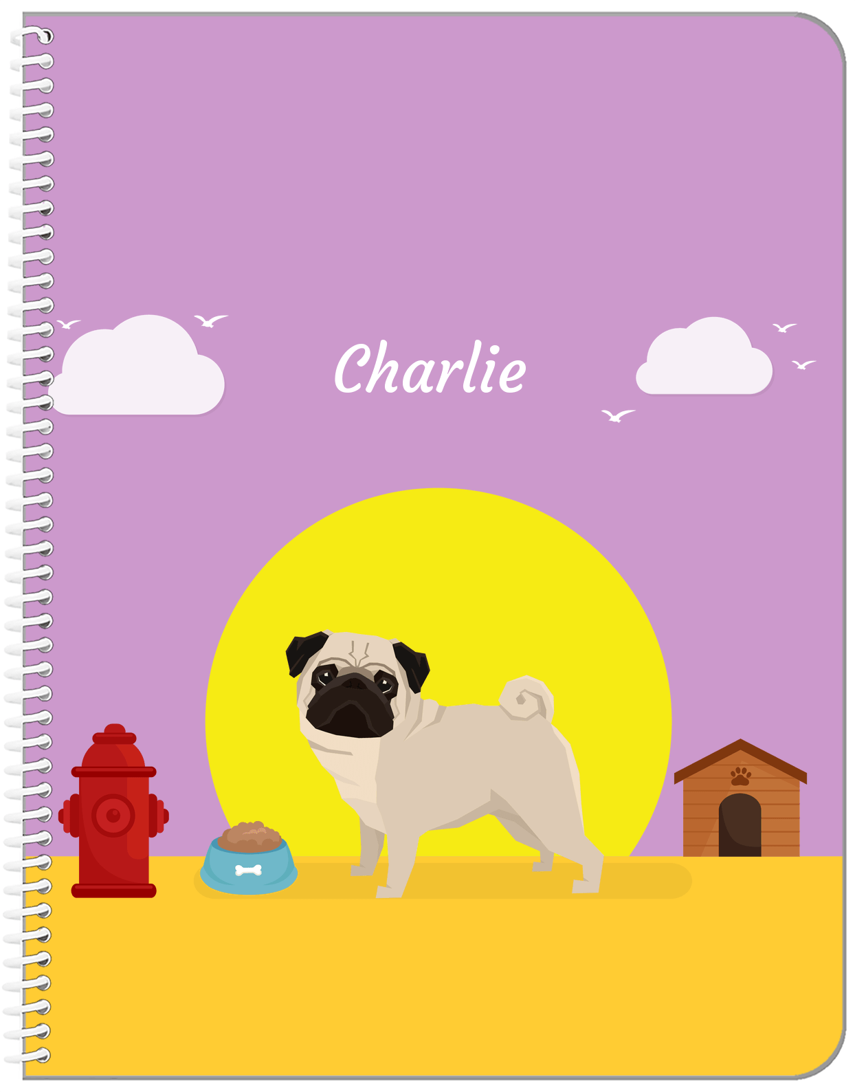 Personalized Dogs Notebook II - Purple Background - Pug - Front View