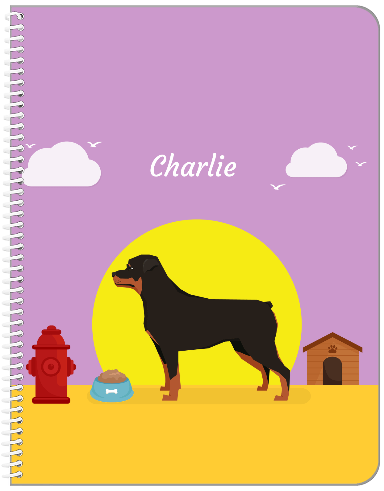 Personalized Dogs Notebook II - Purple Background - Rottweiler - Front View