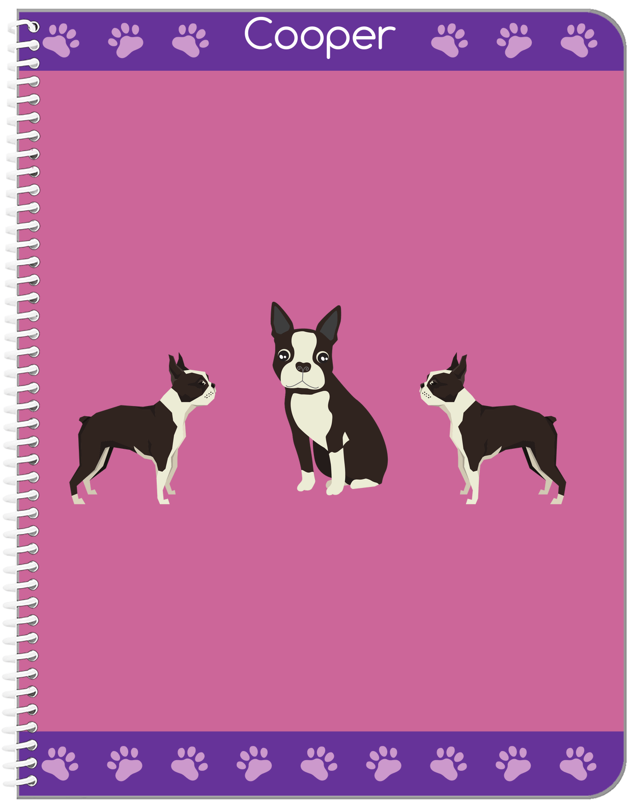 Personalized Dogs Notebook III - Purple Background - Boston Terrier - Front View
