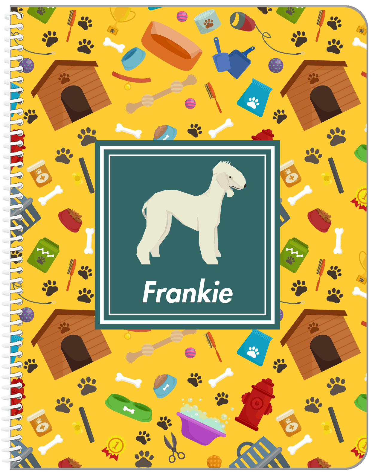 Personalized Dogs Notebook VI - Yellow Background - Bedlington Terrier - Front View