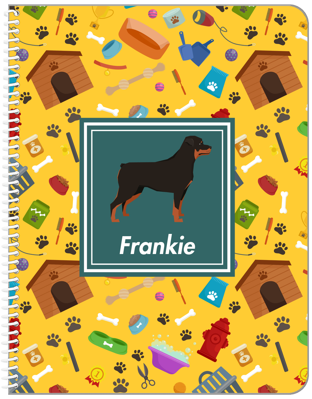 Personalized Dogs Notebook VI - Yellow Background - Rottweiler - Front View