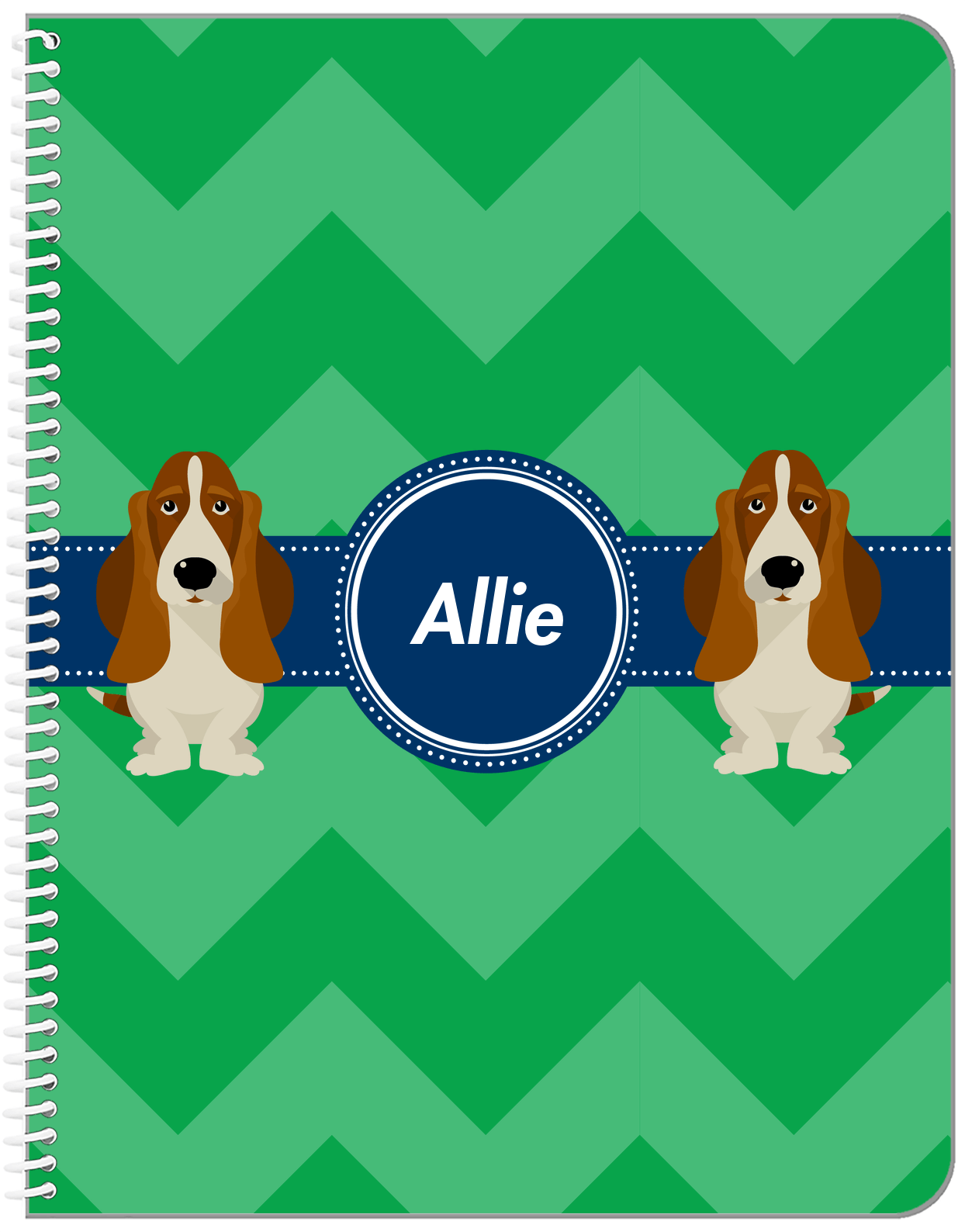 Personalized Dogs Notebook VIII - Green Background - Basset Hound - Front View