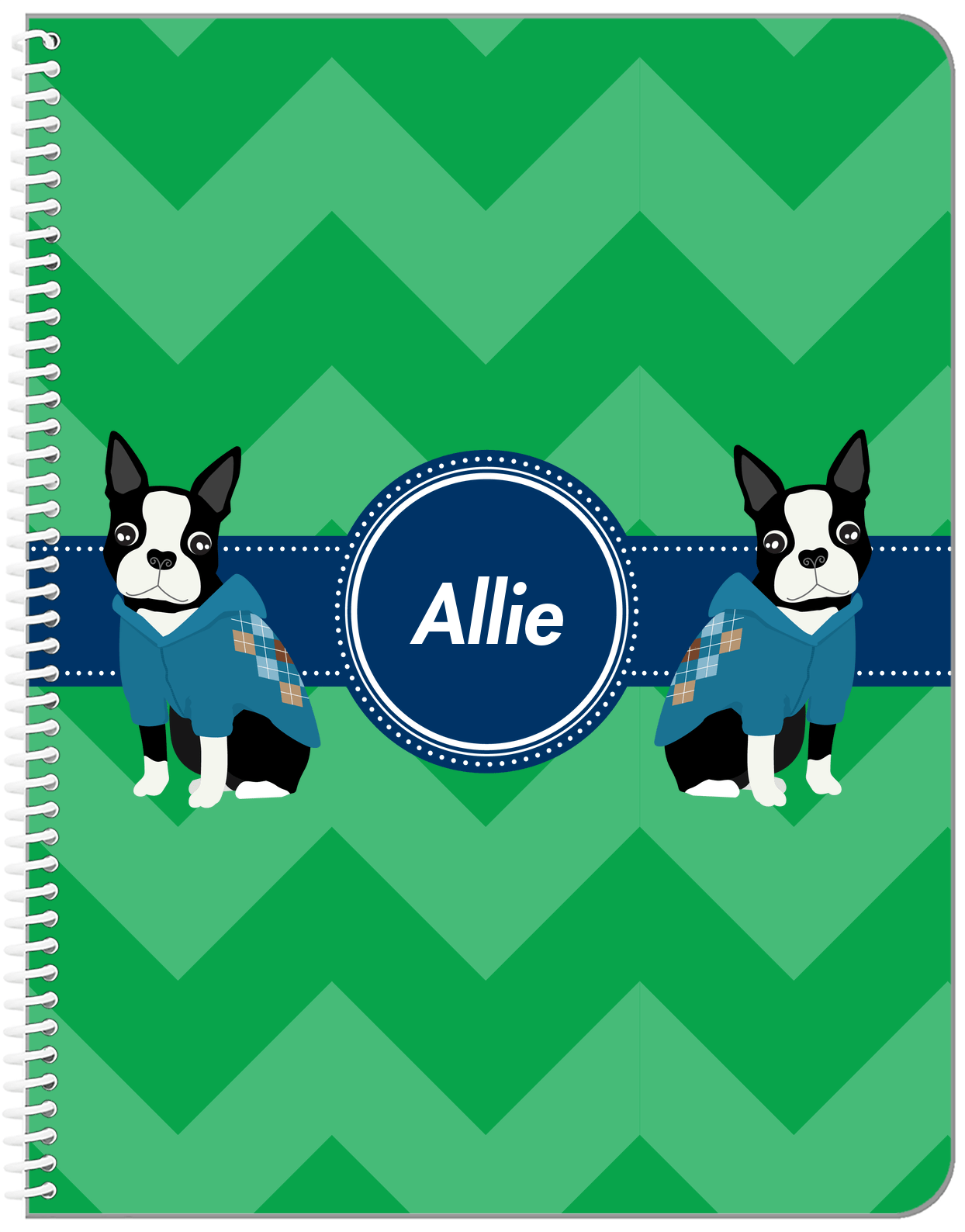 Personalized Dogs Notebook VIII - Green Background - Boston Terrier - Front View