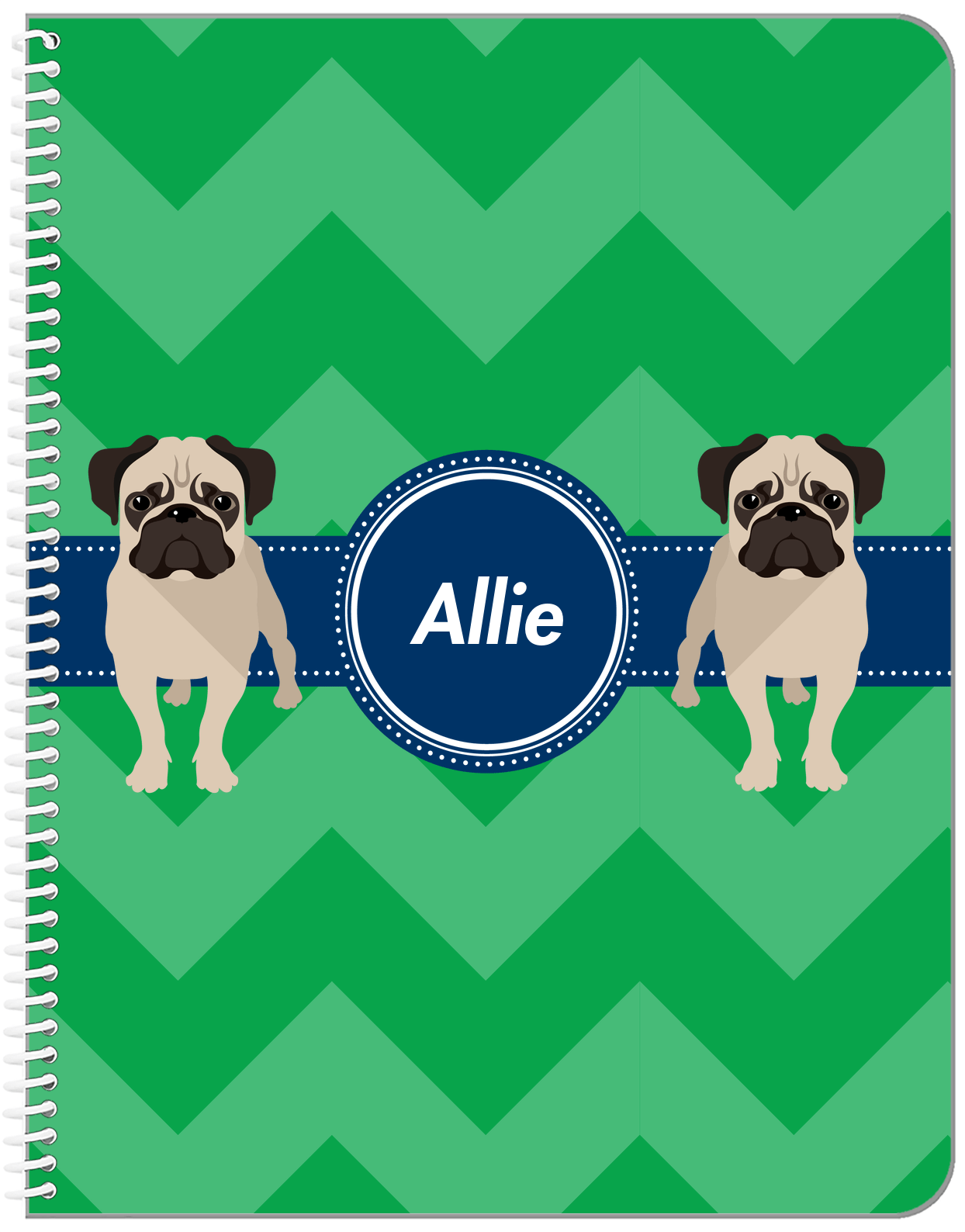 Personalized Dogs Notebook VIII - Green Background - Pug - Front View