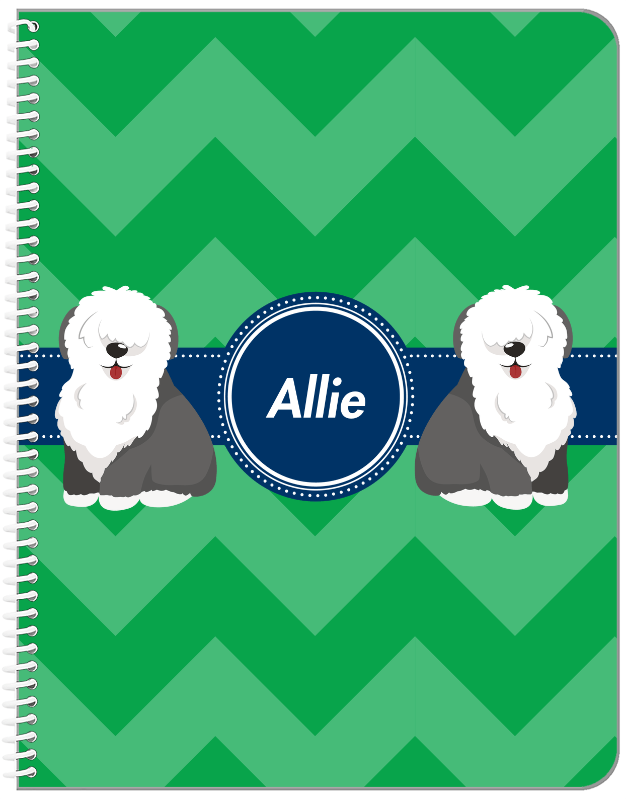 Personalized Dogs Notebook VIII - Green Background - Sheep Dog - Front View