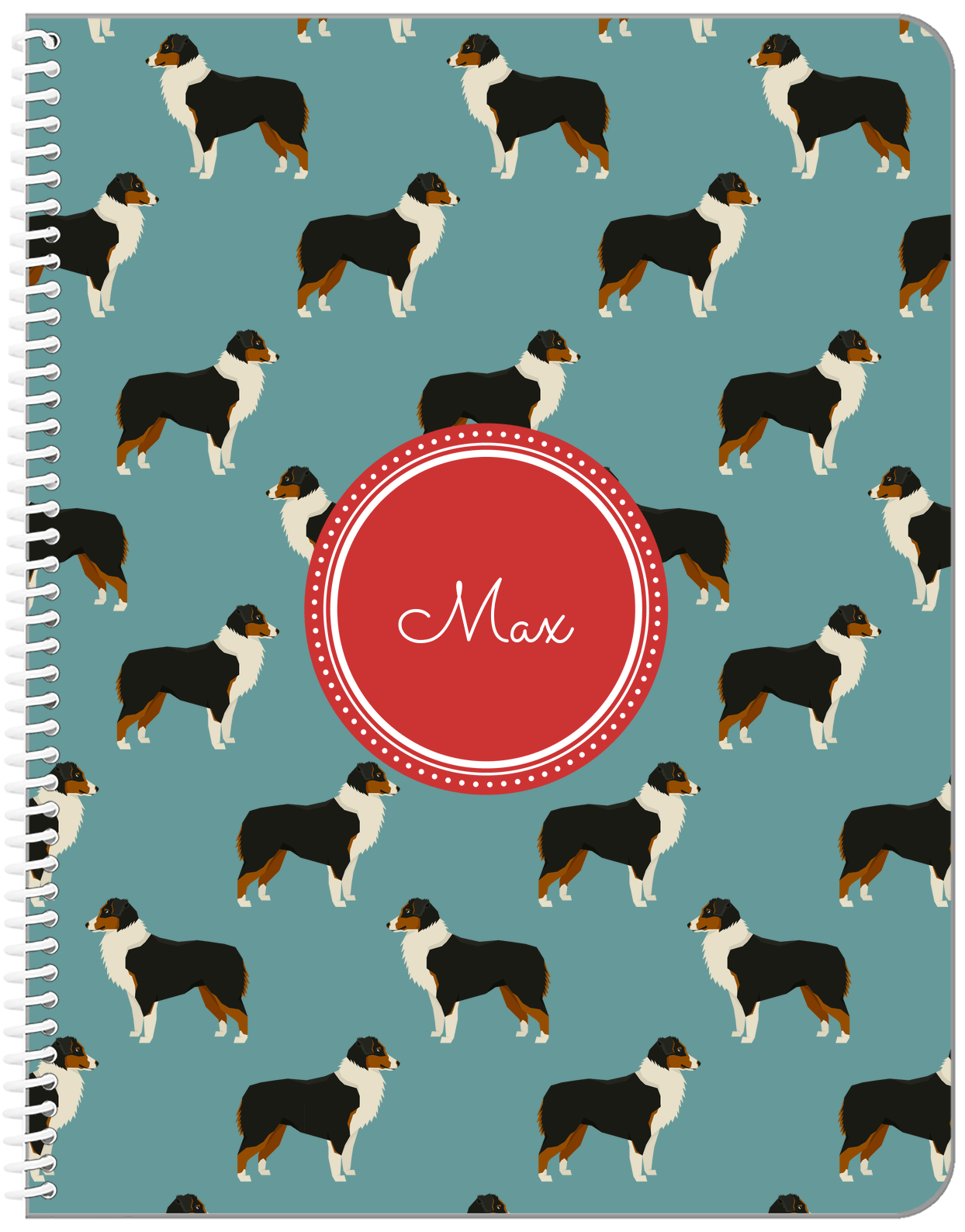 Personalized Dogs Notebook IX - Teal Background - Australian Shepherd - Front View