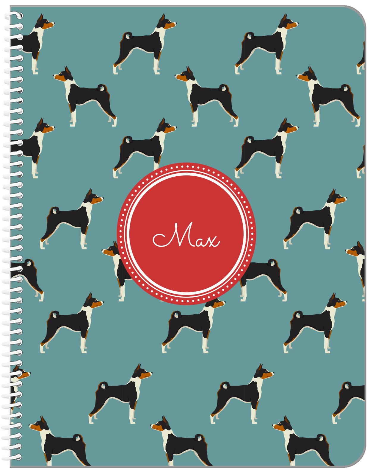 Personalized Dogs Notebook IX - Teal Background - Basenji - Front View