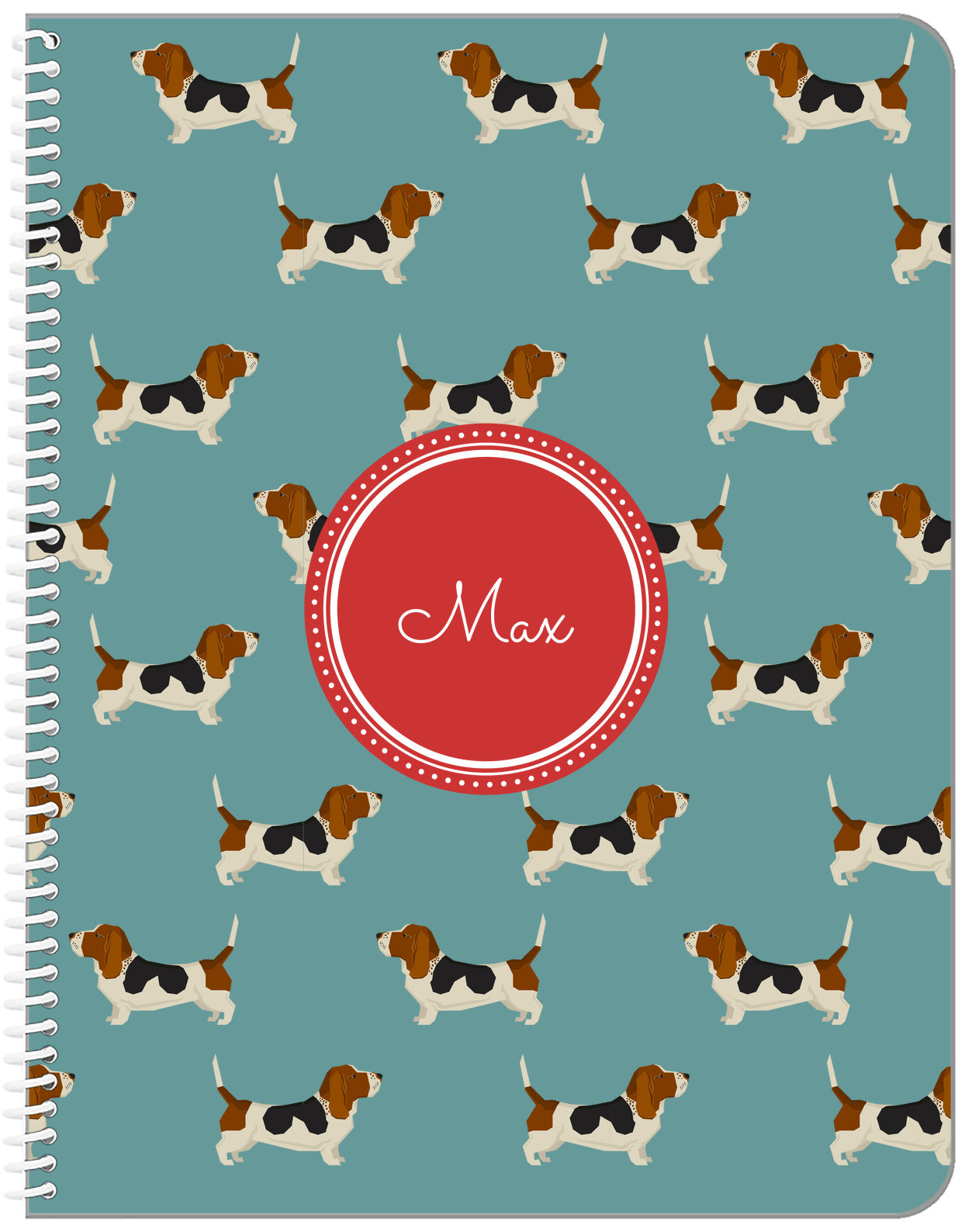 Personalized Dogs Notebook IX - Teal Background - Basset Hound - Front View