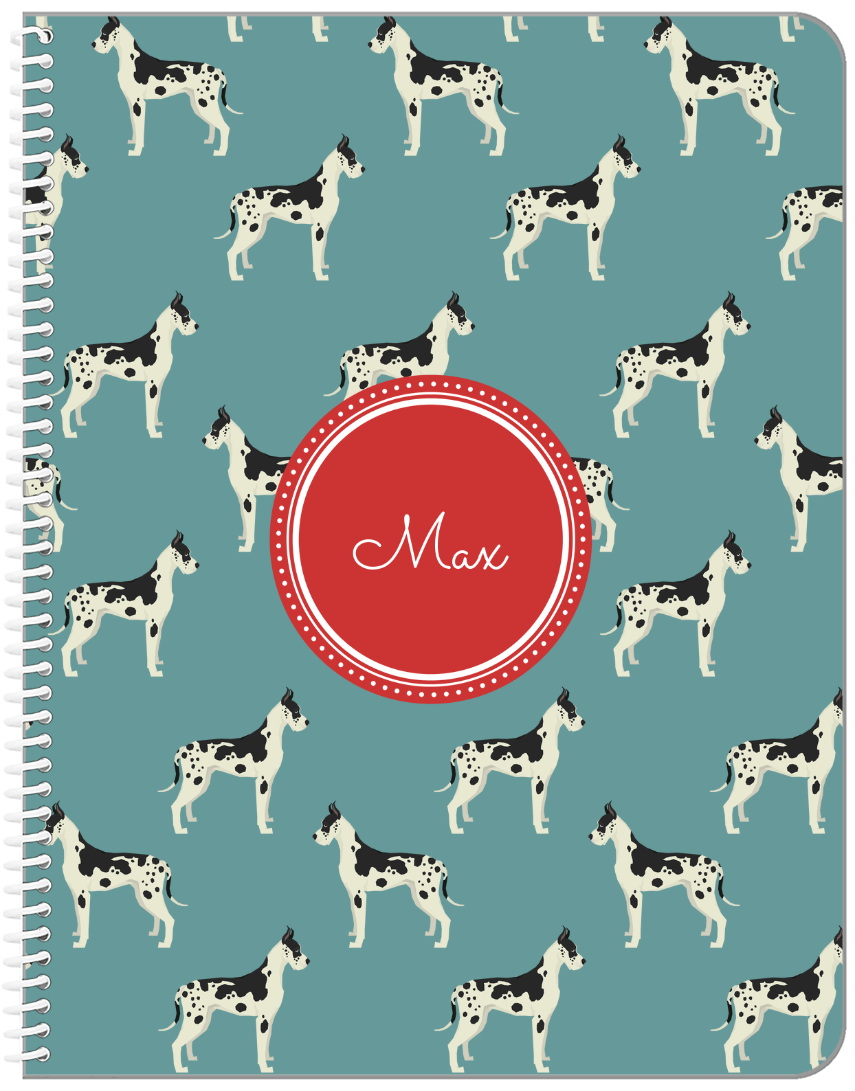 Personalized Dogs Notebook IX - Teal Background - Great Dane - Front View