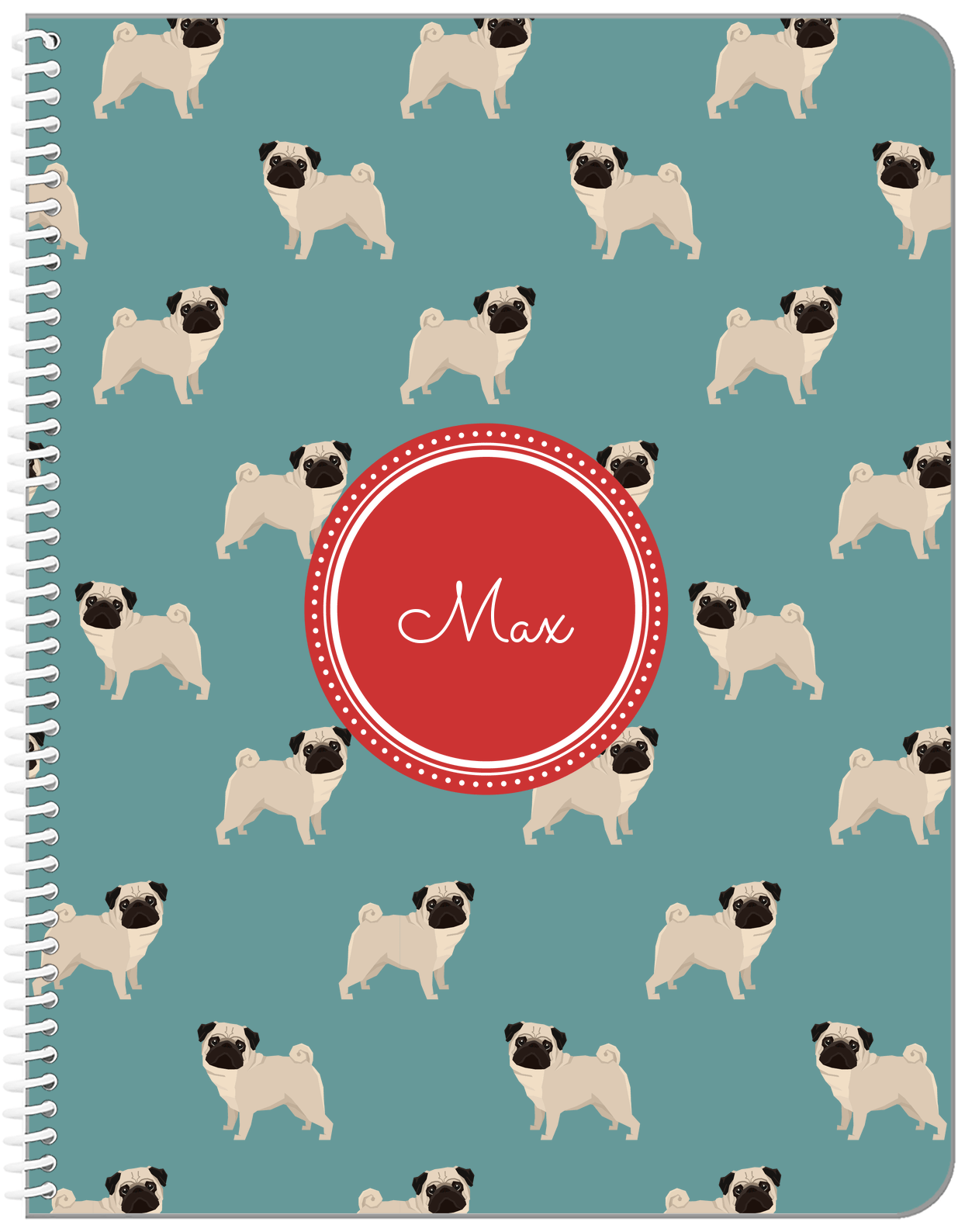 Personalized Dogs Notebook IX - Teal Background - Pug - Front View
