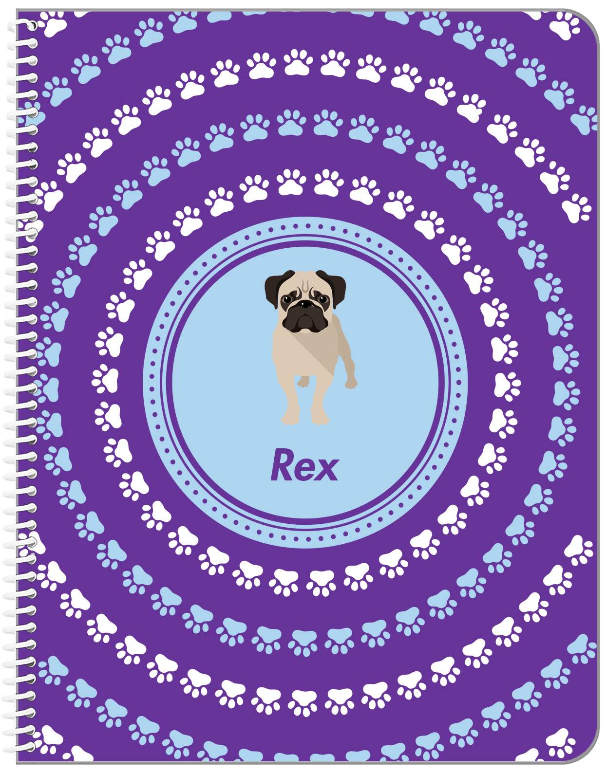 Personalized Dogs Notebook XII - Purple Background - Pug - Front View