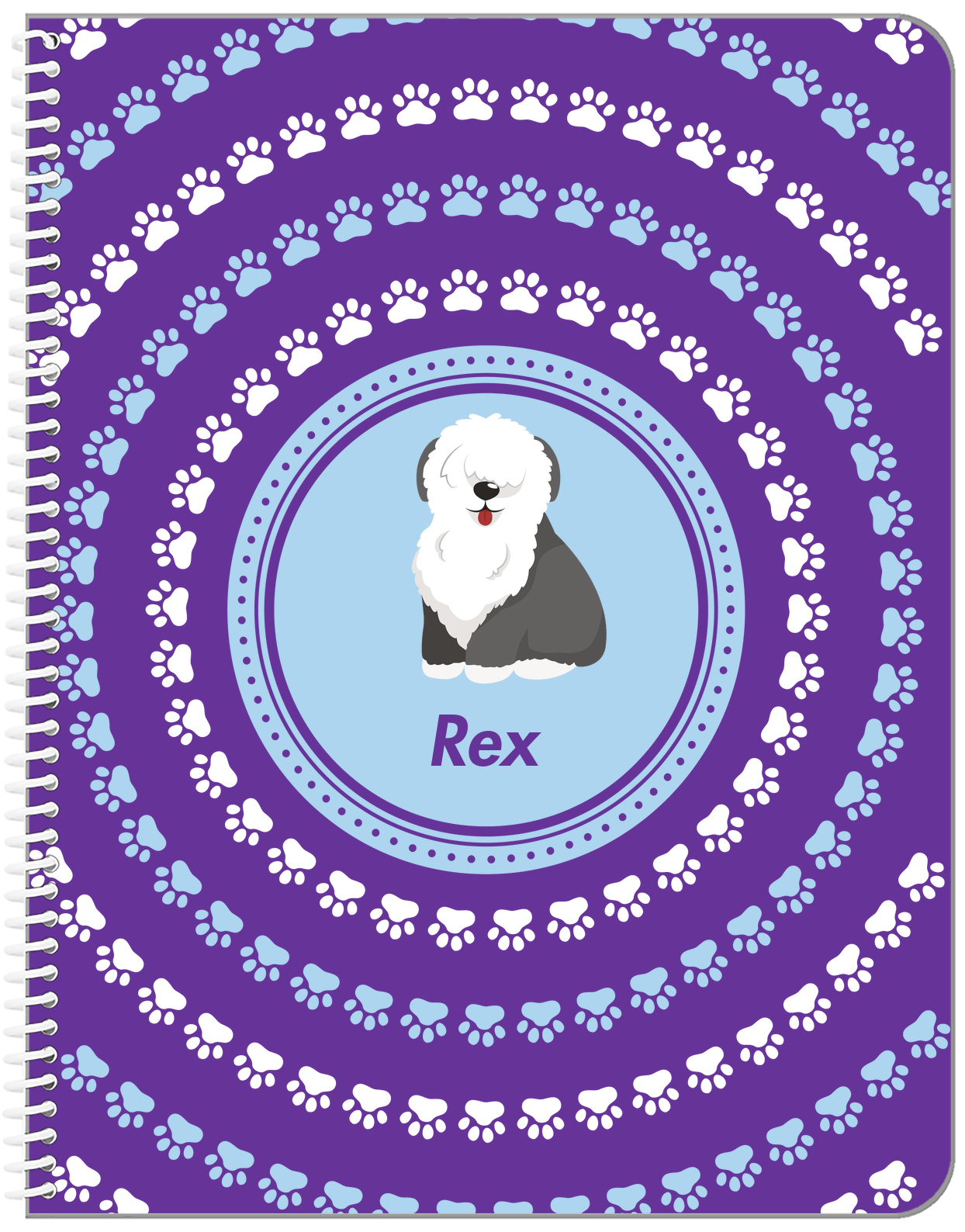 Personalized Dogs Notebook XII - Purple Background - Sheep Dog - Front View