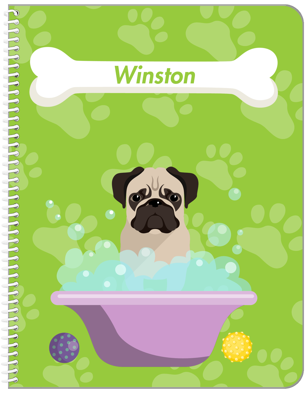 Personalized Dogs Notebook XV - Green Background - Pug - Front View