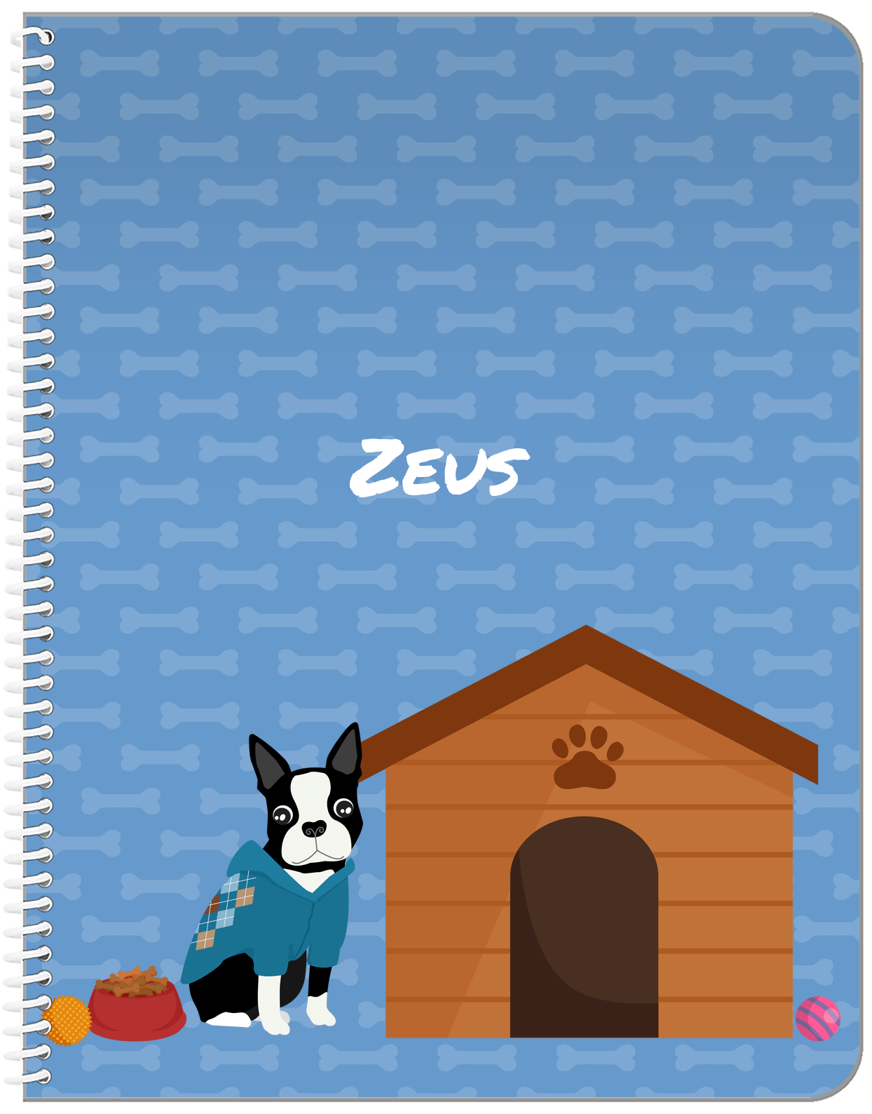 Personalized Dogs Notebook XVI - Blue Background - Boston Terrier - Front View