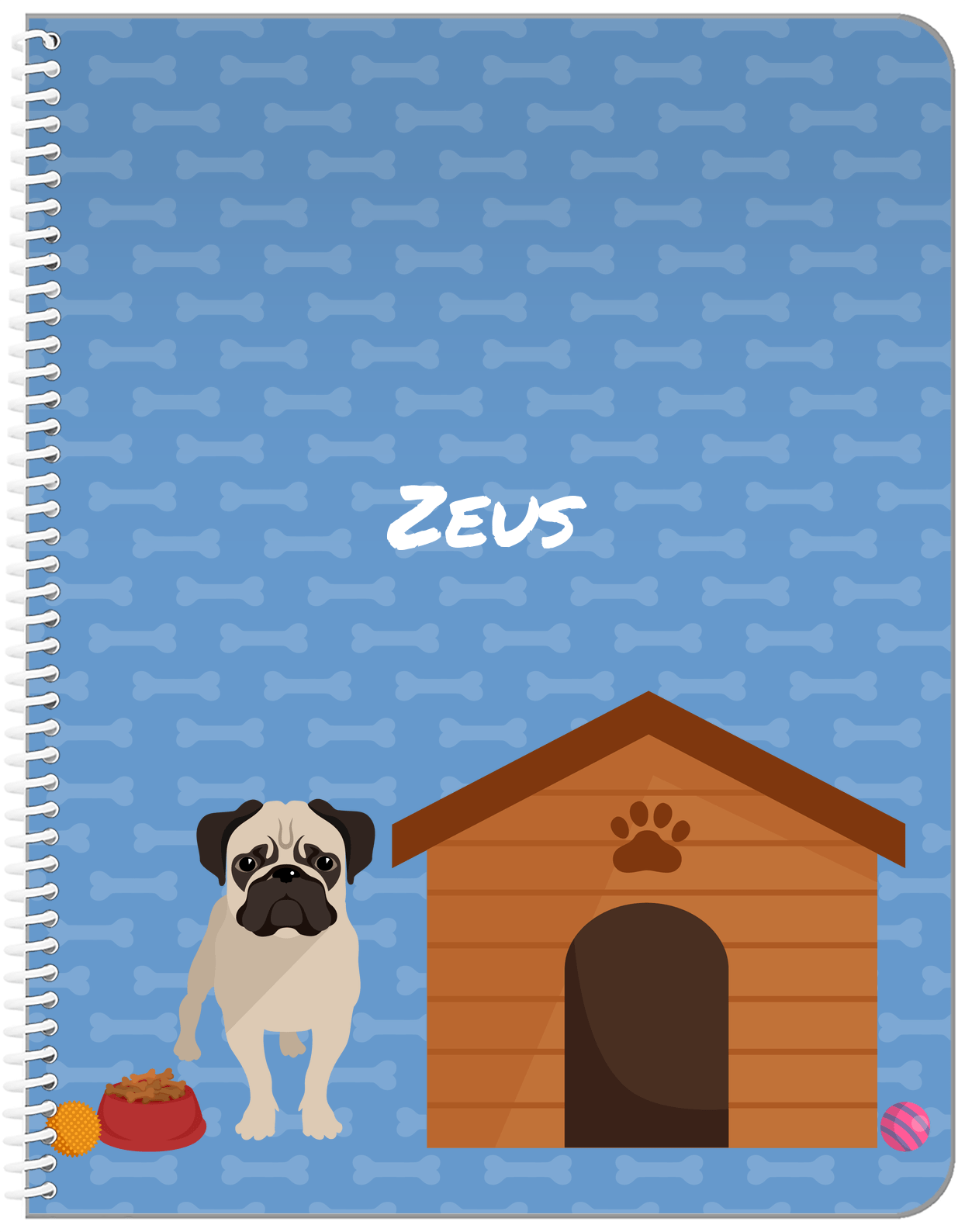 Personalized Dogs Notebook XVI - Blue Background - Pug - Front View